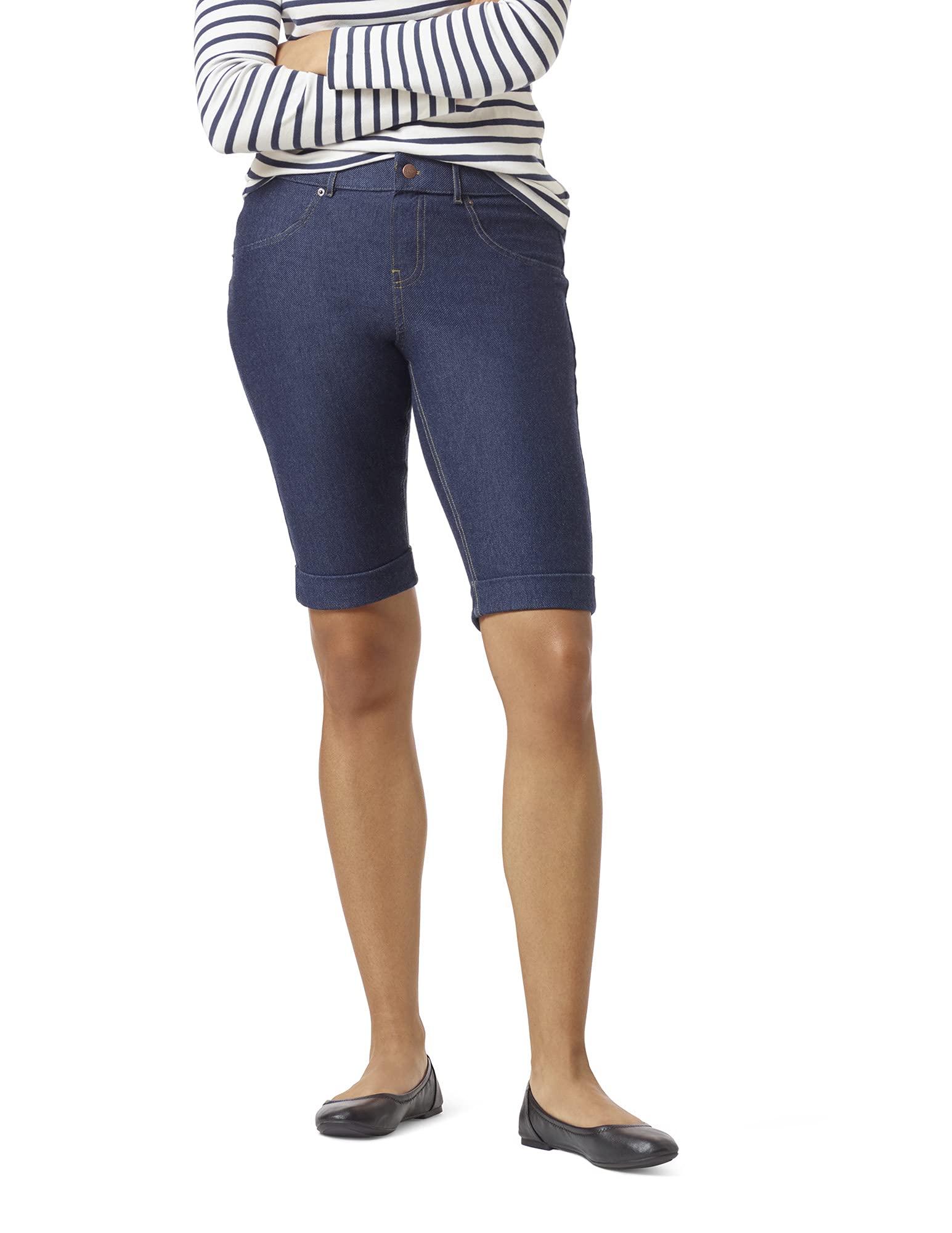 HUE Women's Essential Denim Shorts with Rolled Cuffs - Pull On Bermuda Jean Shorts for Casual Wear, Summer Outfits & Beach Vacation