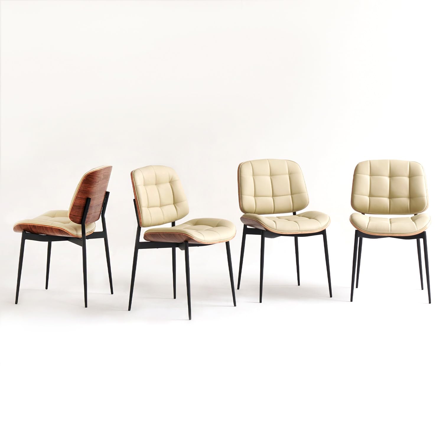 Mid Century Modern Dining Chairs Set of 4 - Walnut Grain Back, Beige Faux Leather Upholstery, Checkered Soft Cushion & Adjustable Foot Pads - Elegant Kitchen & Dining Room Chairs for Home, Restaurant or Cafe