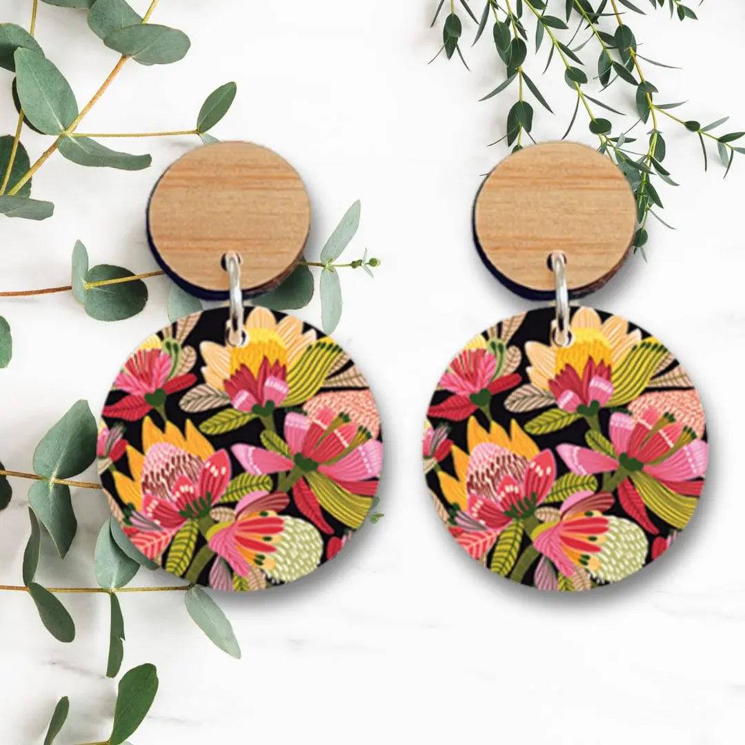 Wild Proteas Australian Wooden Earrings - Handmade Boho Dangle Earrings for Women - Perfect for Festivals, Weddings & Boho Fashion