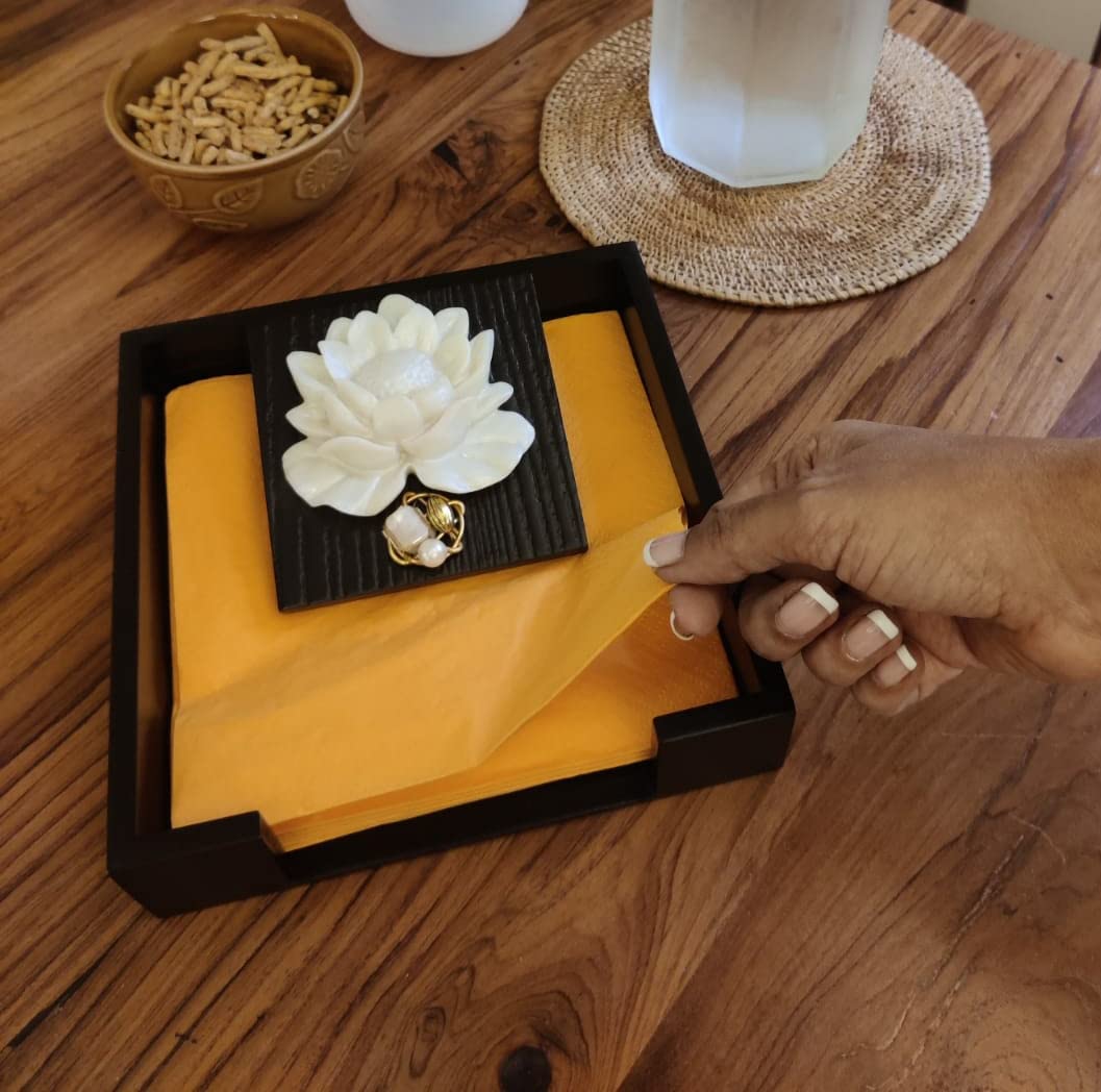 Wooden MDF Flat Napkin Holder for Dining Table - Weighted Flap Cocktail Tissue Paper Stand, Stylish Lotus Design for Home, Restaurant & Party Decor