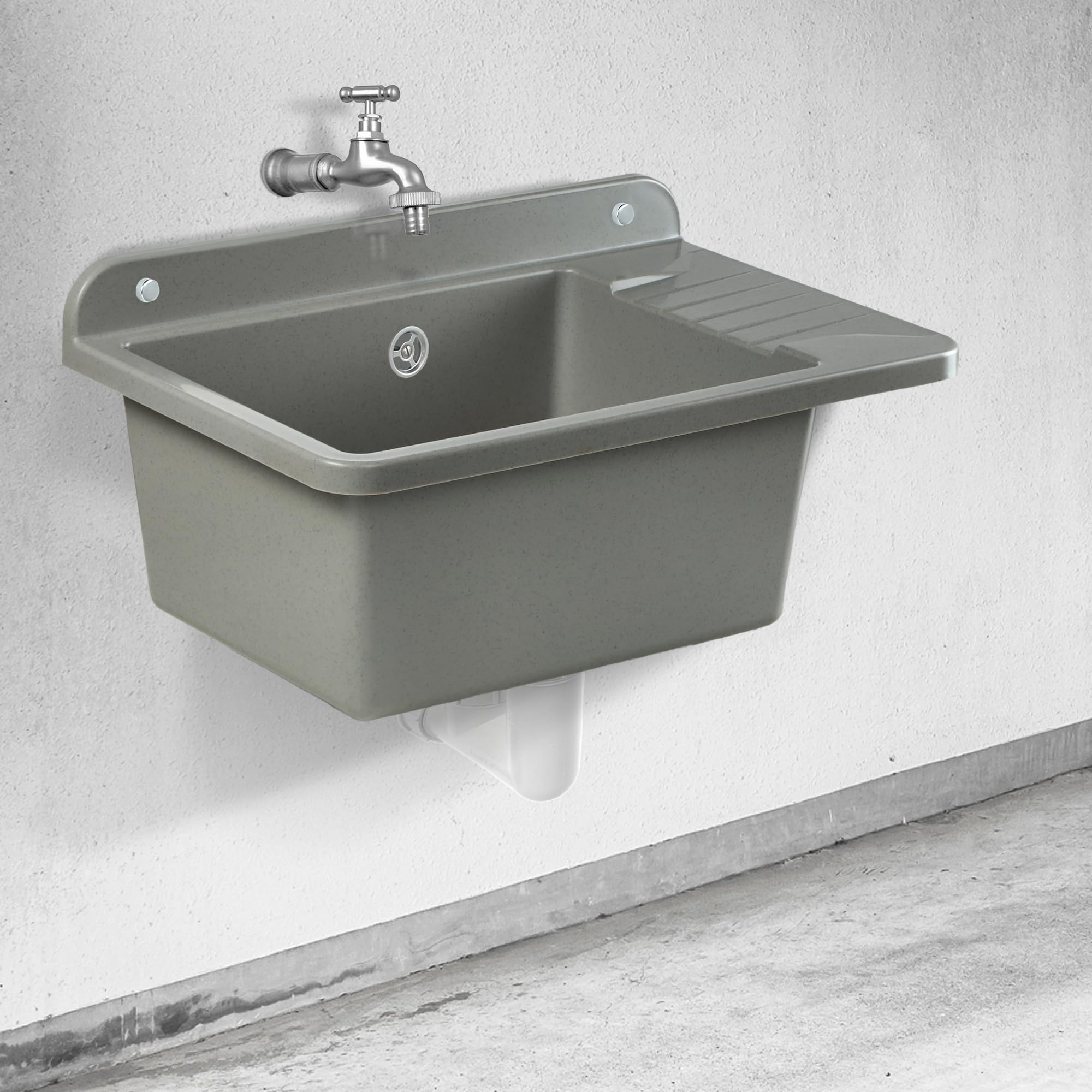 GOSPO 50.5 x 34 x 26.5 cm Polypropylene Kitchen Sink with Professional Siphon & Mounting Kit - Durable Grey Utility Sink for Home, RV, Laundry Room & Outdoor Use