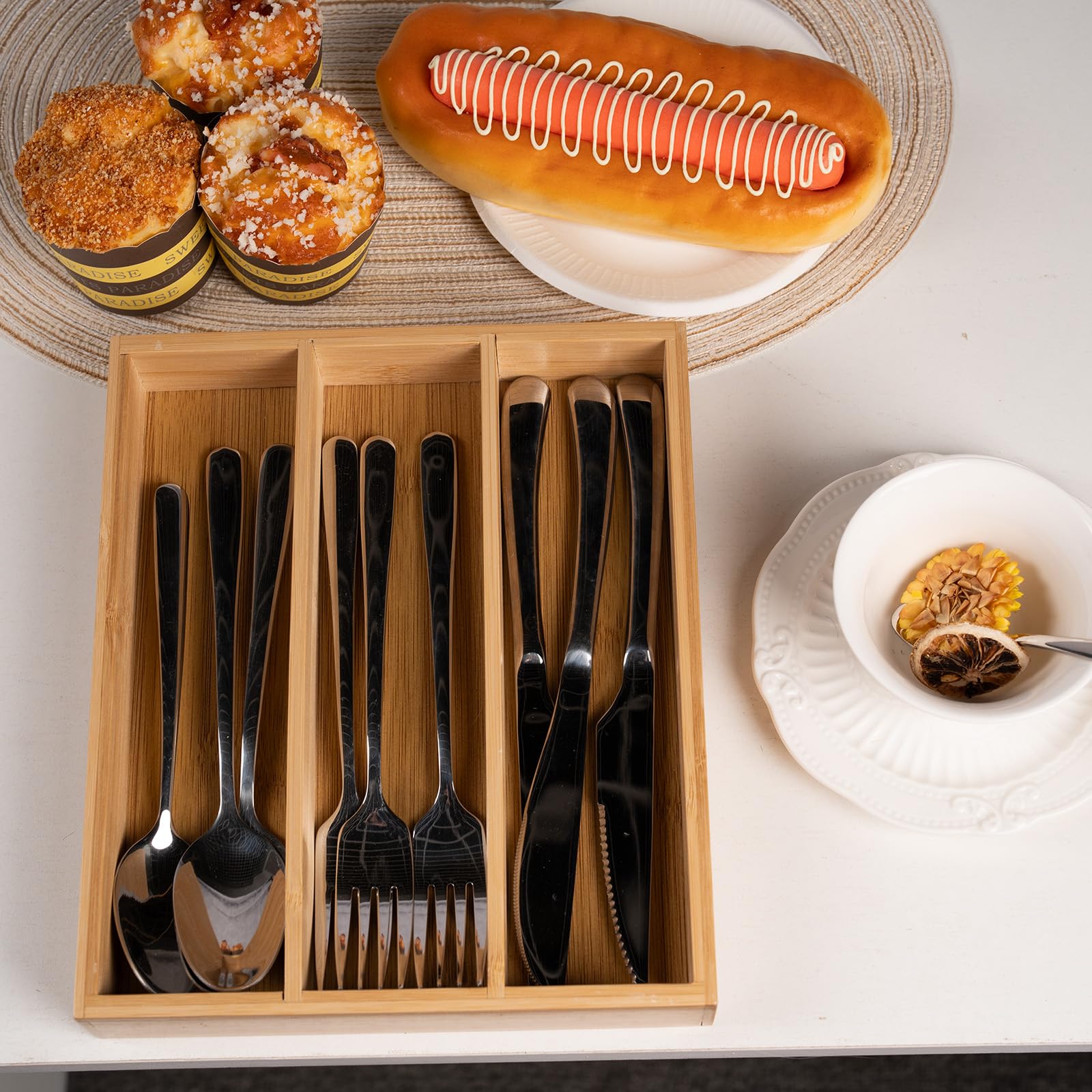 Bamboo Silverware Organizer Tray - Kitchen Drawer & Utensil Organizer for Flatware, Spoons, Forks (Natural Wood) - Perfect for Home, Restaurant & Office Kitchen Organization