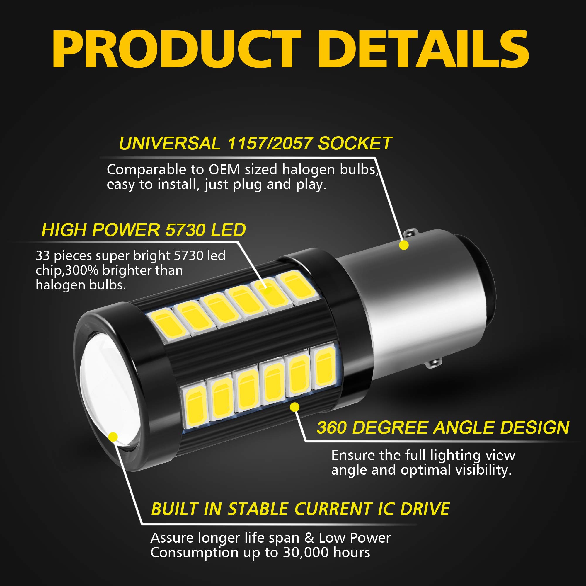 AUXLIGHT 1157 2057 2357 7528 BAY15D LED Bulbs - 1400 Lumens Super Bright, Low Power, 6000K Xenon White - Replacement for Backup Reverse Lights, Tail Brake, Stop & Parking Lights (Pack of 2) - Perfect for Cars, Trucks, SUVs & Motorcycles