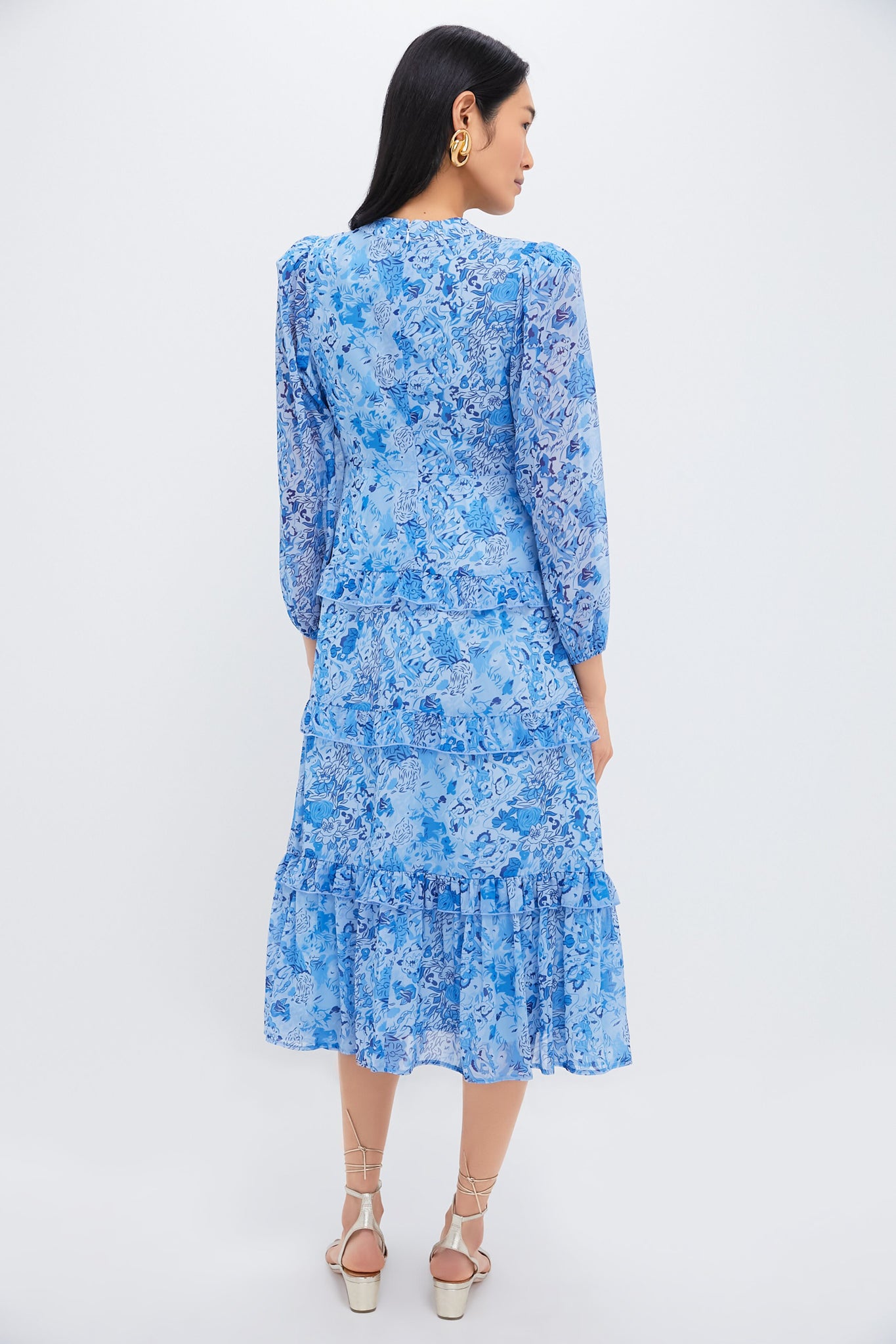 Blue Multi Abstract Floral Rosalind Ruffle Midi Dress - Elegant Summer Dress for Women, Perfect for Beach Vacations, Garden Parties & Date Nights