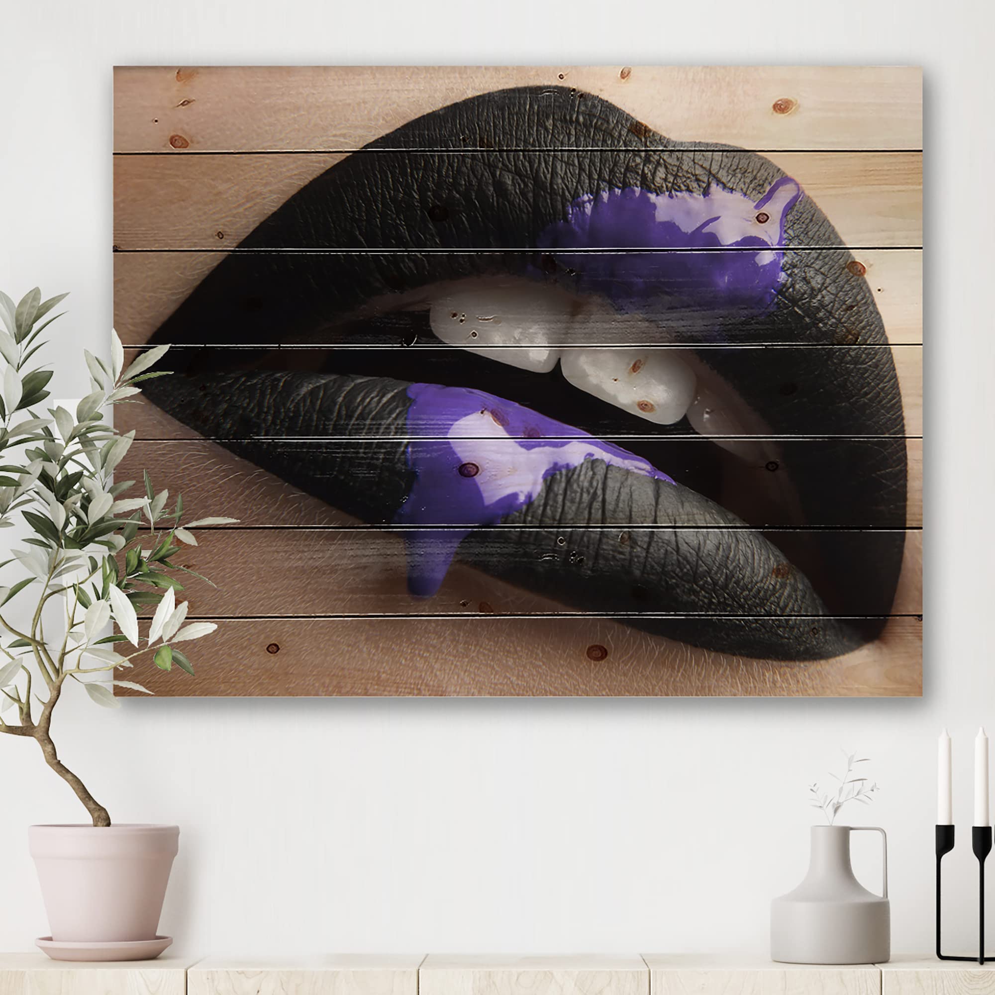 Black Lipstick Wood Wall Art - Modern Female Lips Decor for Living Room