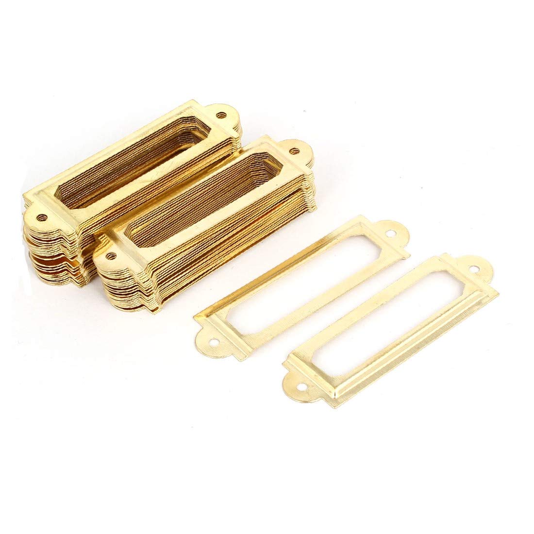 Premium Gold Tone Iron Label Holders 60mm x 17mm - 50pcs Set for Pharmacy & Office Organization - Durable Drawer Tags for Medicine Bottles, File Cabinets & Retail Product Labeling
