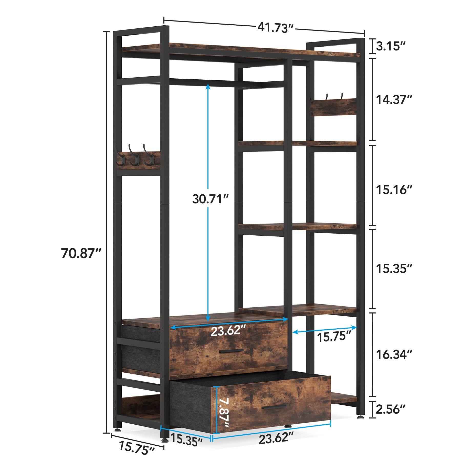 Tribesigns Freestanding Closet Organizer - Heavy Duty Garment Rack with Drawers & Shelves, Rustic Brown Wardrobe Storage for Bedroom, Living Room & Dorm - Perfect for Hanging Clothes, Organizing Accessories & Maximizing Small Spaces