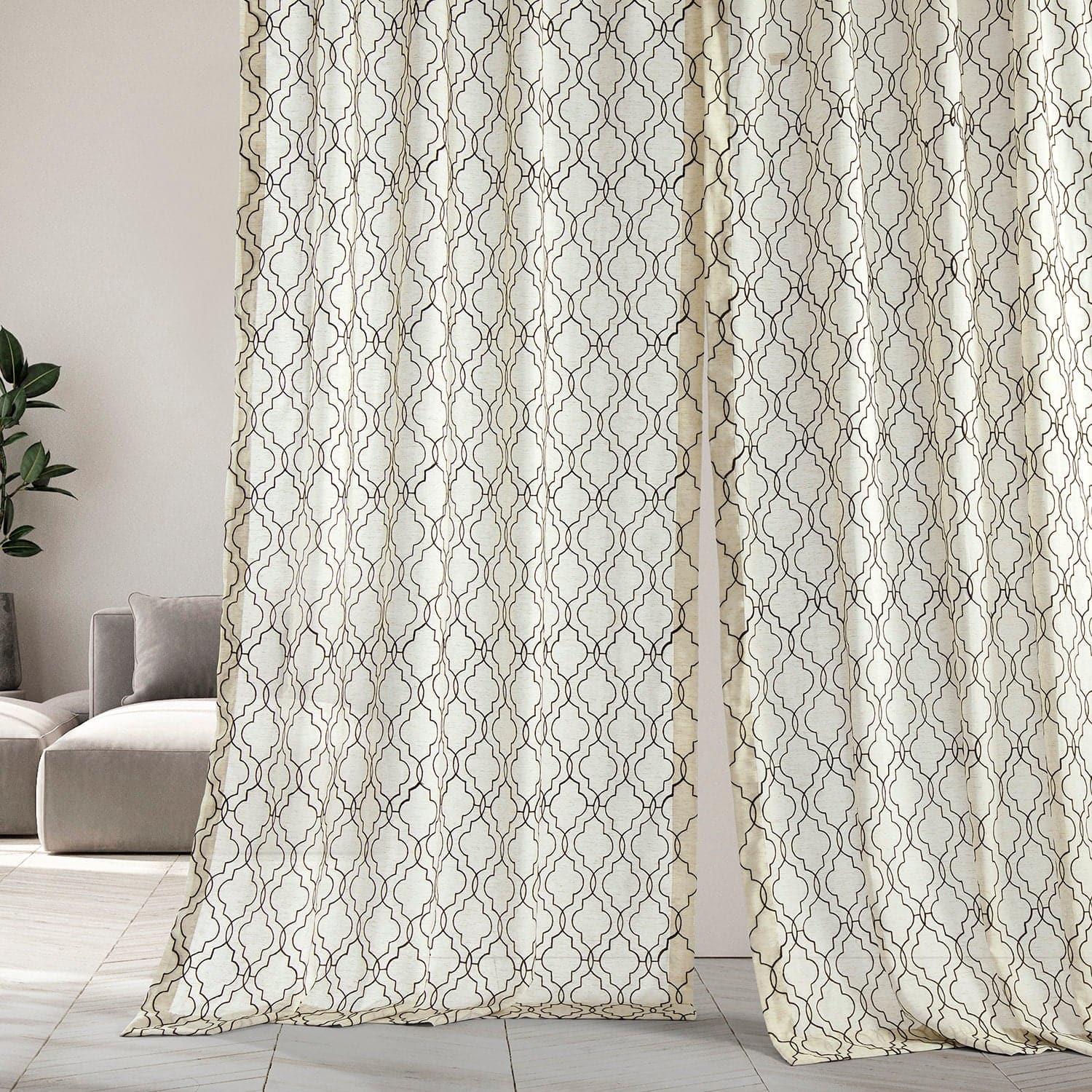 Saida Chocolate Embroidered Geometric Pattern Faux Linen Sheer Curtains - Elegant Window Treatment for Living Room, Bedroom & Dining Room