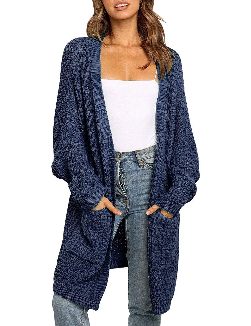 MEROKEETY Women's Oversized Long Cardigan with Batwing Sleeves - Waffle Knit Open Front Sweater Coat for Fall & Winter - Perfect for Layering, Office Wear, and Casual Outfits