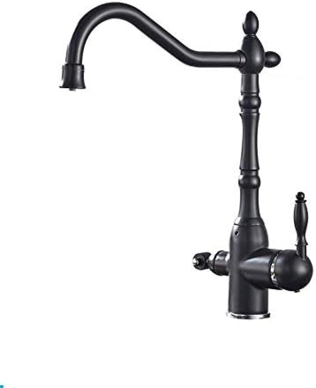 CRJUS Black Dual Handle Brass Kitchen Faucet with Drinking Water Filter - Hot & Cold Water Vessel Sink Mixer Tap for Modern Homes & Restaurants