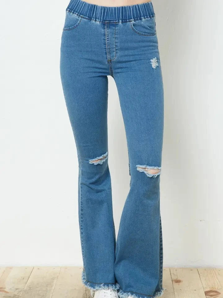 Stylish Women's Elastic Waist Fringed Bell Bottom Jeans - Comfortable Flared Denim Pants for Casual Wear & Boho Fashion