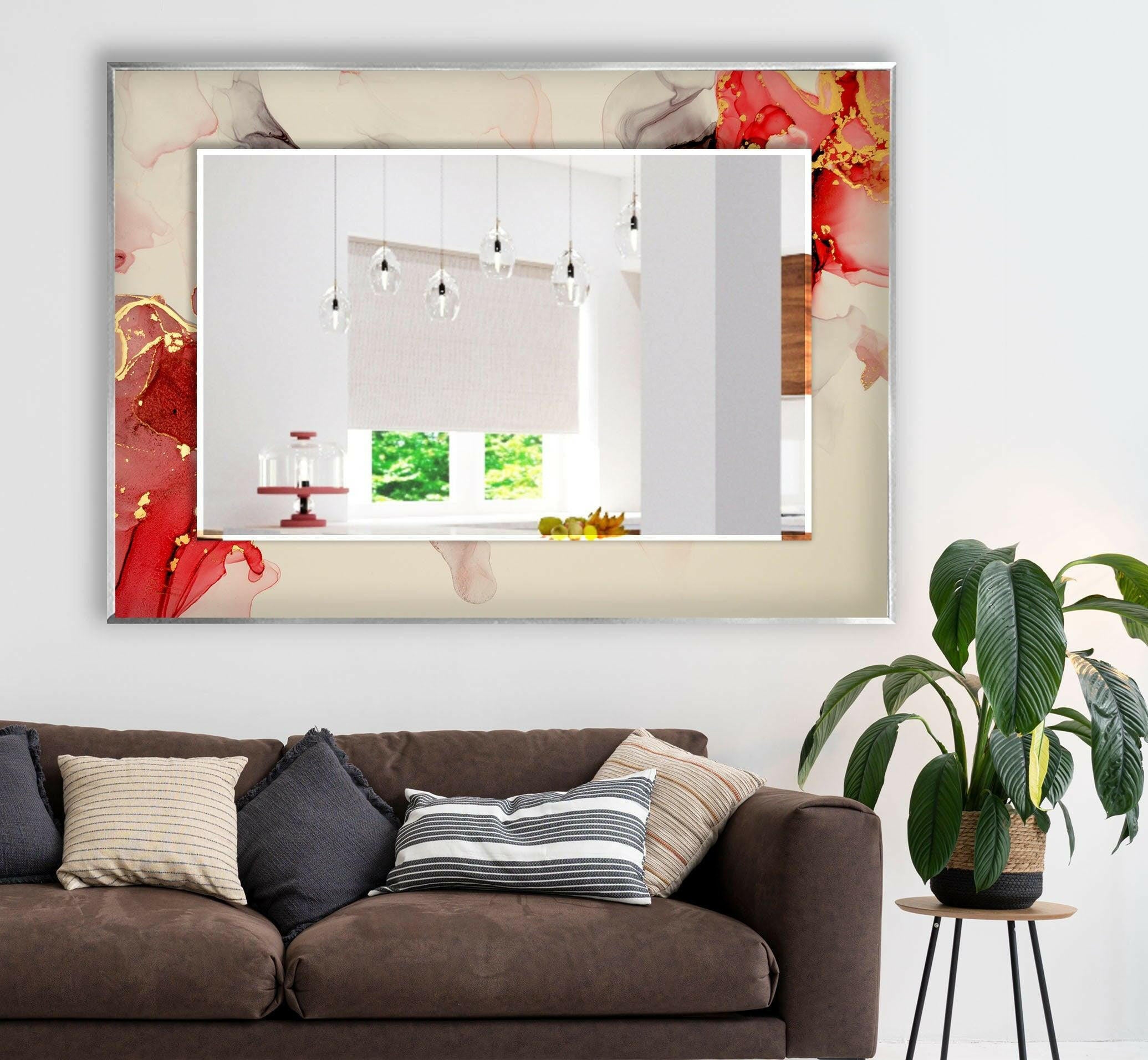 Beige and Gold Accent Wall Mirror with Red Details - Elegant Home Decor for Living Room, Bedroom, or Entryway