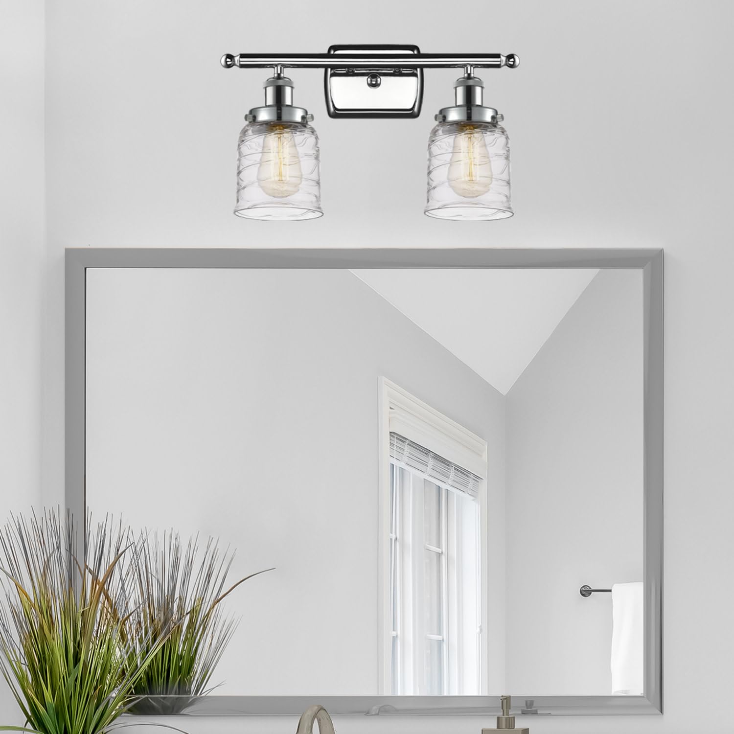 Bell 2-Light Bathroom Vanity Light Fixture in White & Polished Chrome - Modern Wall Sconce for Bathroom Mirror Lighting (916-2W-WPC-G513) - Perfect for Master Bath, Powder Room & Dressing Area Illumination
