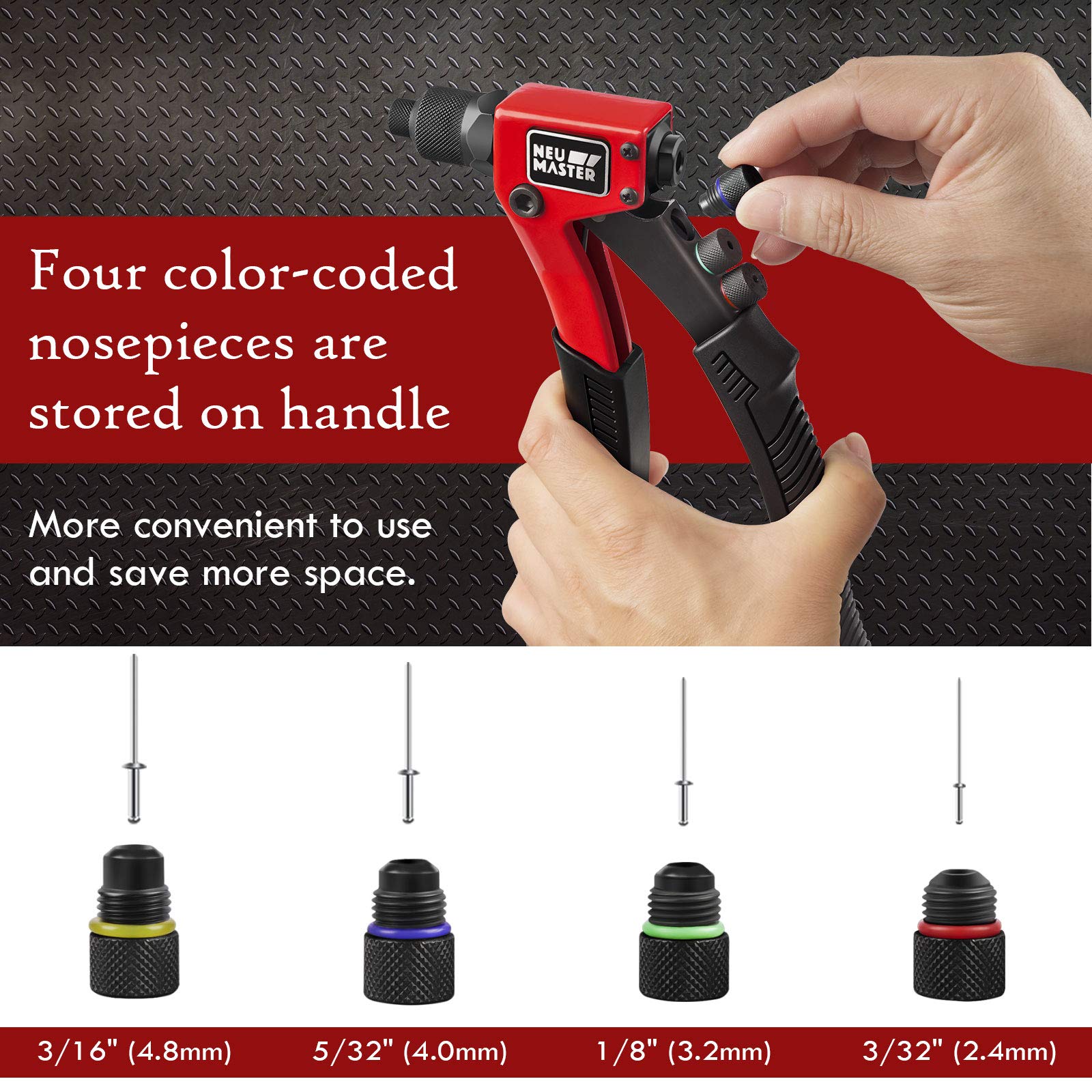 NEU MASTER Heavy Duty Manual Rivet Gun Kit - 4 Tool-Free Interchangeable Heads with 200Pcs Rivets & BMC Case - Professional Single Hand Riveter for Plastic, Metal, Leather - Perfect for DIY Projects, Home Repairs, and Automotive Work