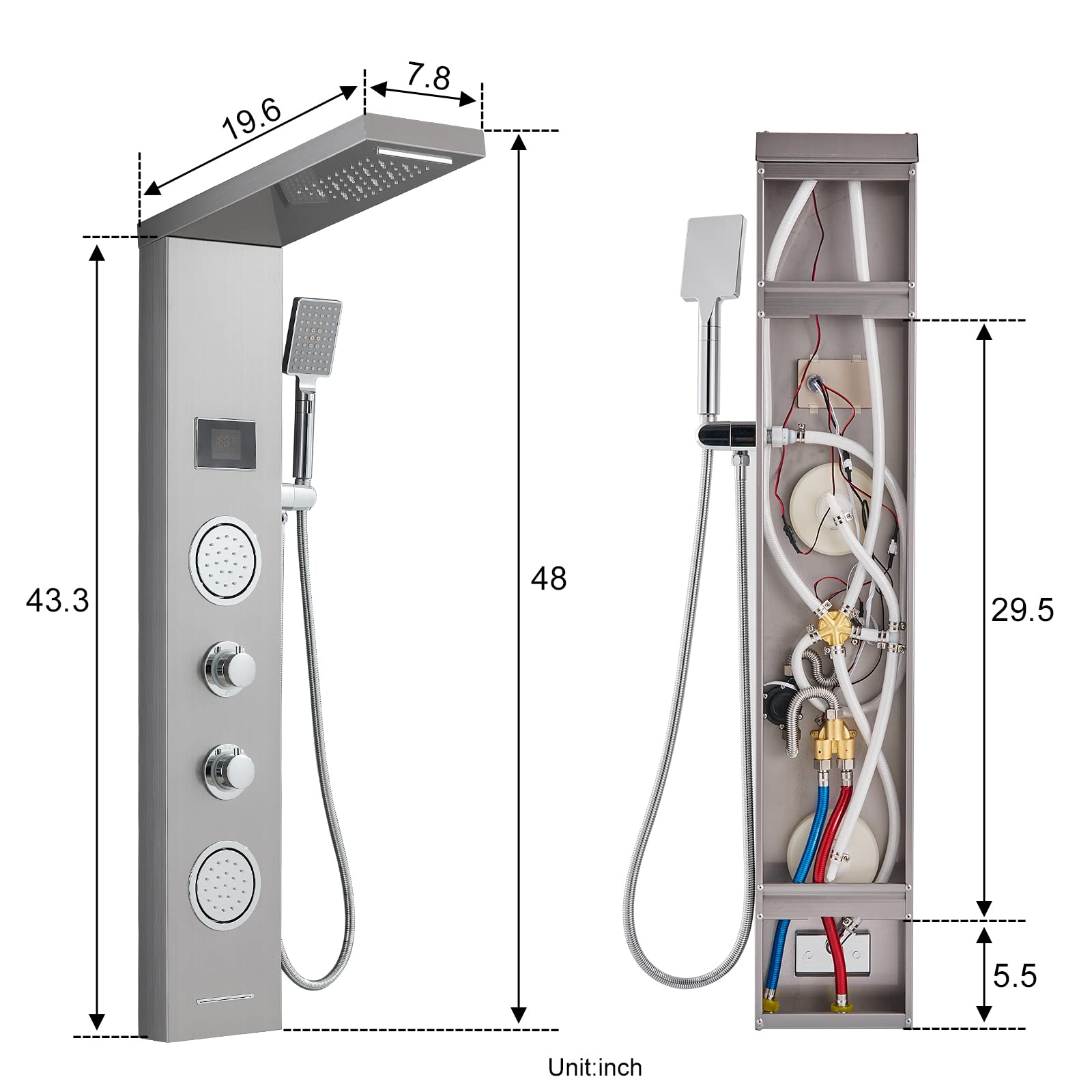 ROVATE 5-in-1 LED Shower Panel Tower System with Rainfall Shower Head, Body Massage Jets, Handheld Shower & Tub Spout - Brushed Stainless Steel for Spa-Like Bathroom Experience