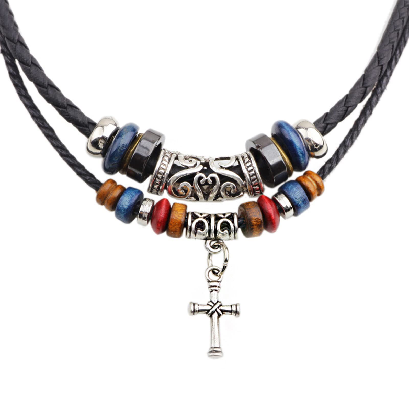 KieTeiiK Cross Pendant Necklace for Women & Men - Double Layer Beaded Charm with Leather Cord, Tribal Ethnic Jewelry Gift for Christmas, Birthday, Anniversary | Boho Style Layered Necklace for Everyday Wear