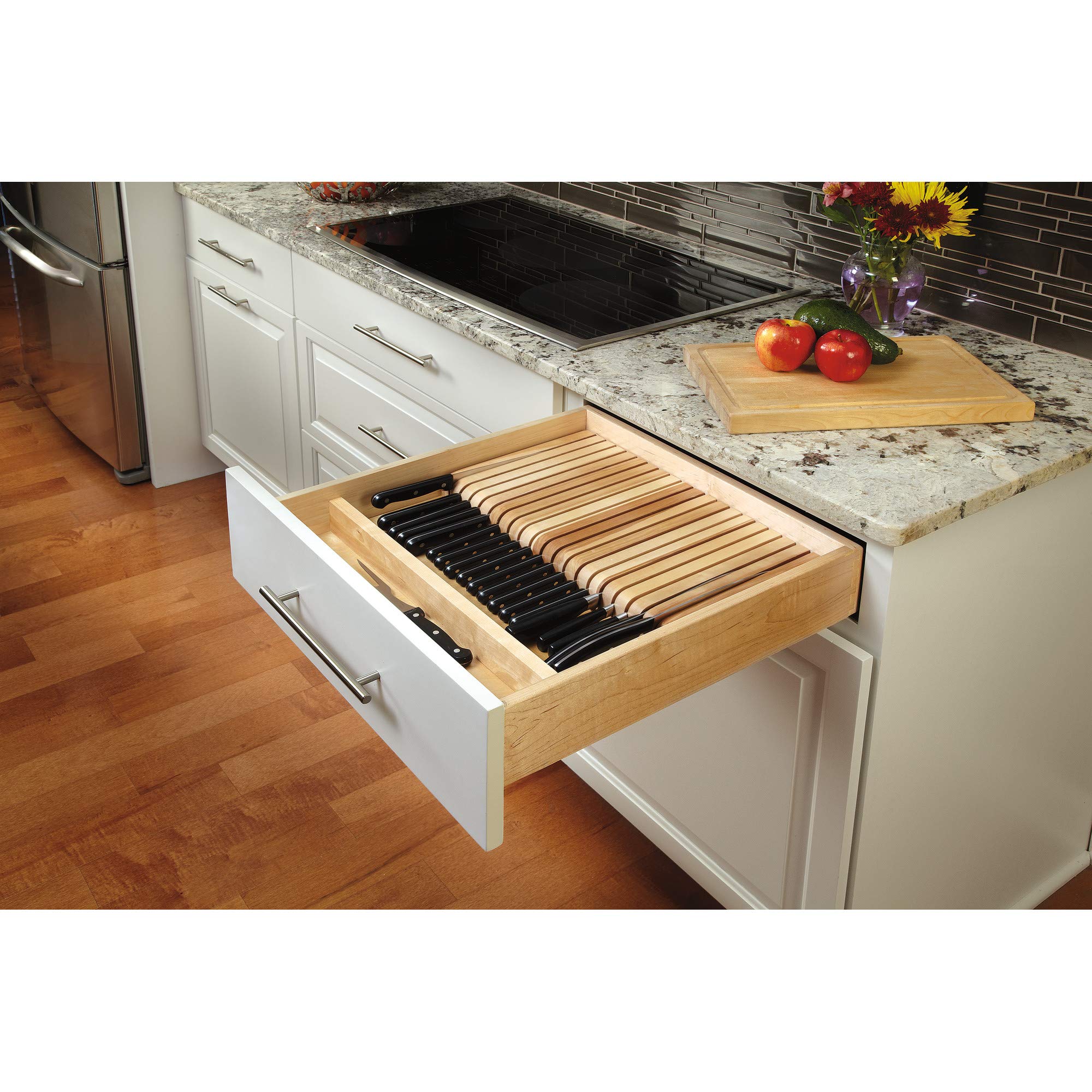 Rev-A-Shelf Adjustable Wooden Knife Block Drawer Organizer - 19 Slot Cutlery Tray with Silverware Storage for Kitchen Utensils | Perfect for Kitchen Drawer Organization & Knife Safety Storage | Fits Standard Drawers (Model 4WKB-1)