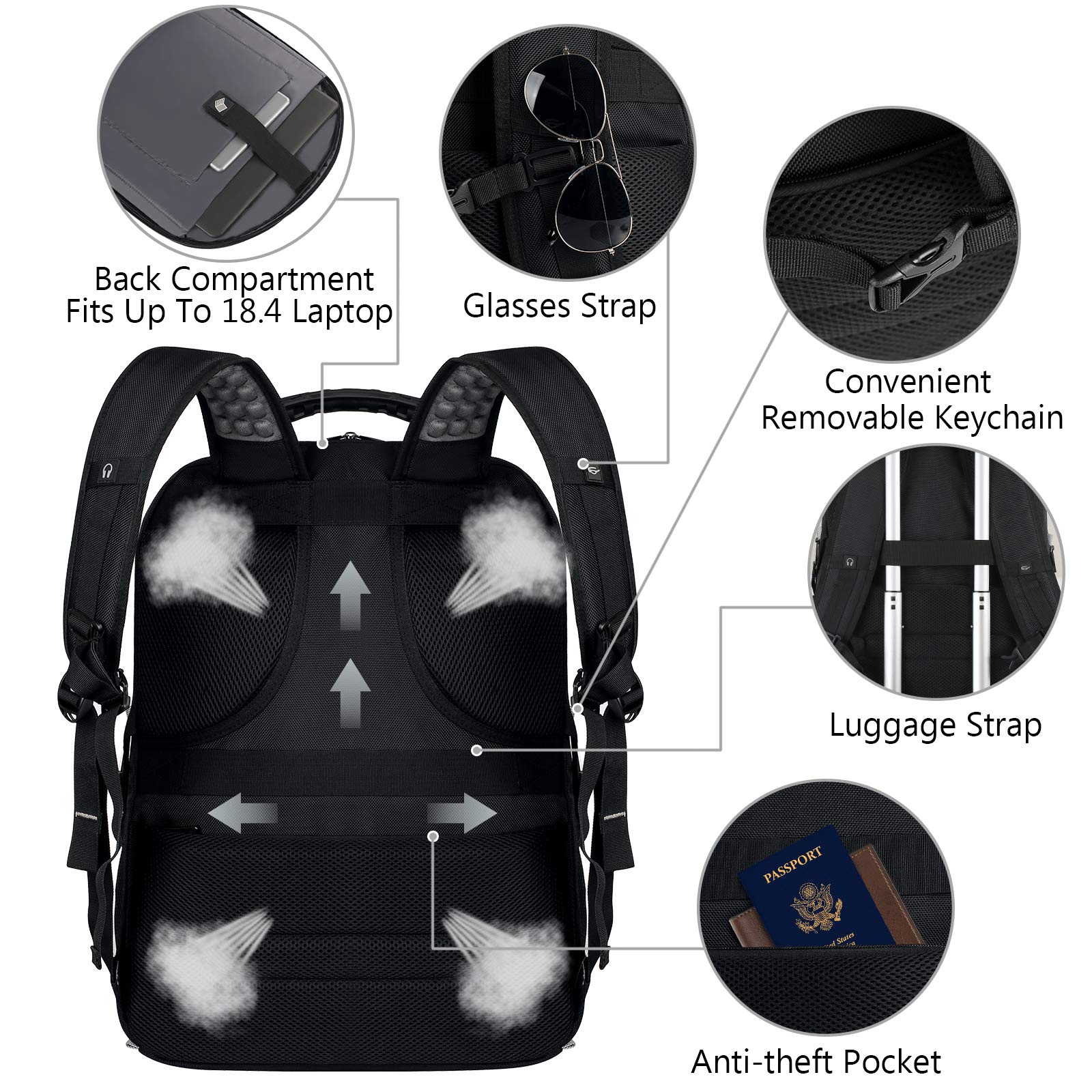 VECKUSON 18.4 Inch Large Laptop Backpack for Men & Women - 60L Extra Capacity USB Charging Port, TSA Approved Travel Backpack with RFID Anti-Theft Pocket - Durable Grey Computer Bag (21.3x15.7x11.8 Inch) for Work, School, Gaming & Air Travel