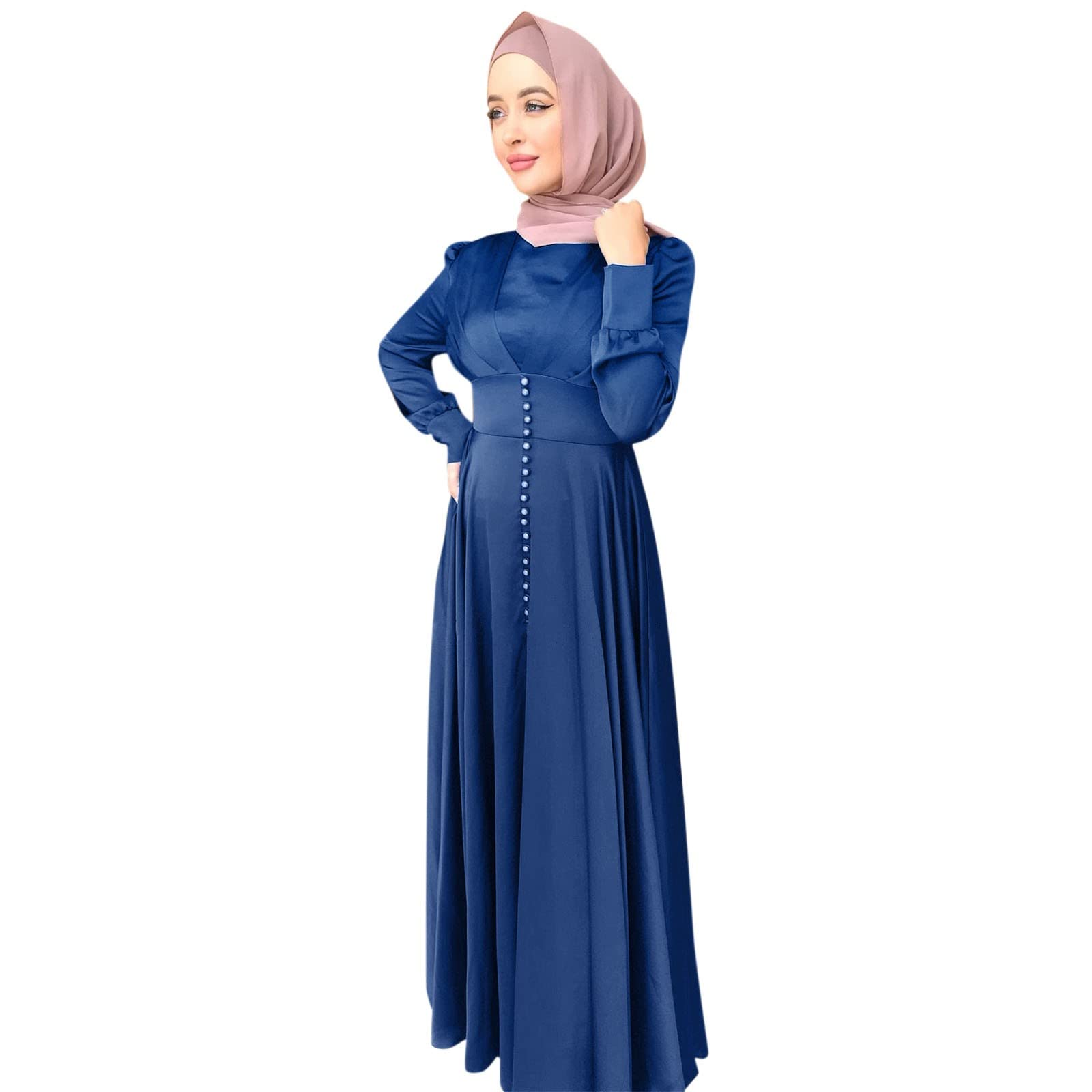 Modest Muslim Women's Spring Maxi Dress - Loose Full Cover Abaya Nightgown for Ladies - Middle Eastern Arabian Style in Blue - Perfect for Prayer, Homewear & Special Occasions