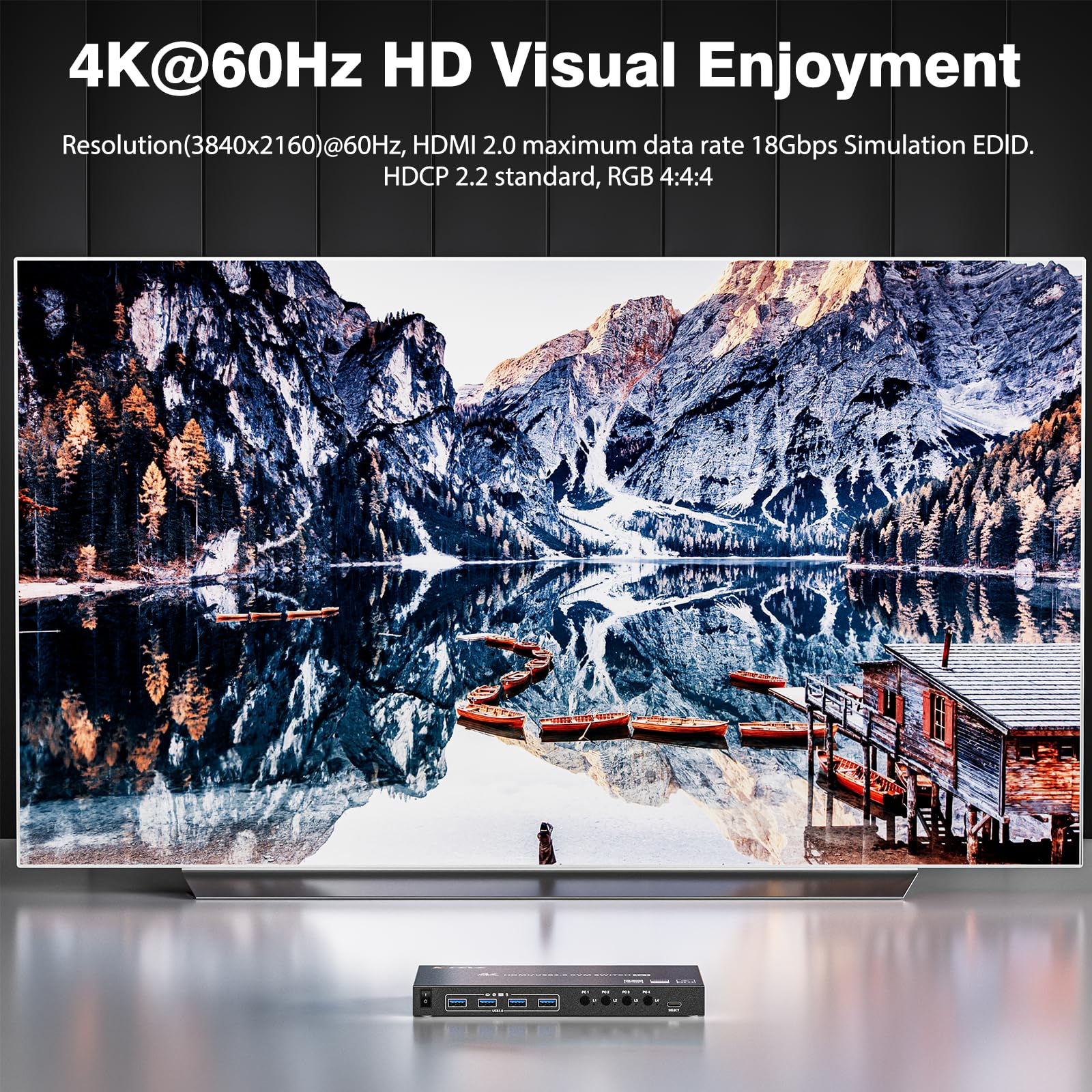 4K@60Hz USB 3.0 KVM Switch for 4 Computers - HDMI 4 Port Hub with EDID Emulator, Supports 2K@144Hz, Share 1 Monitor & 4 USB 3.0 Devices | Includes Wired HDMI+USB 3.0 Cables & Controller | Perfect for Home Office, Gaming Setup & Multi-PC Workstations