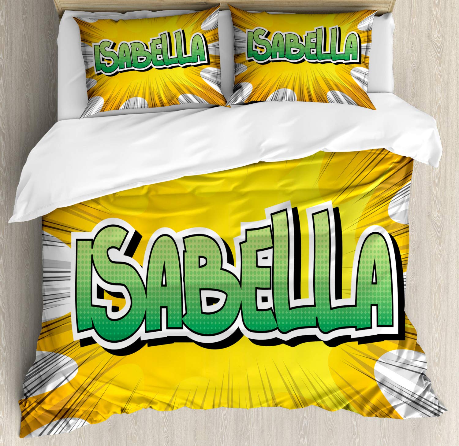 Ambesonne Isabella Duvet Cover Set - Retro Cartoon Design with American Birth Names, 2-Piece King Size Bedding (Yellow, Green & White) - Perfect for Kids' Rooms, Dorm Decor & Themed Bedrooms