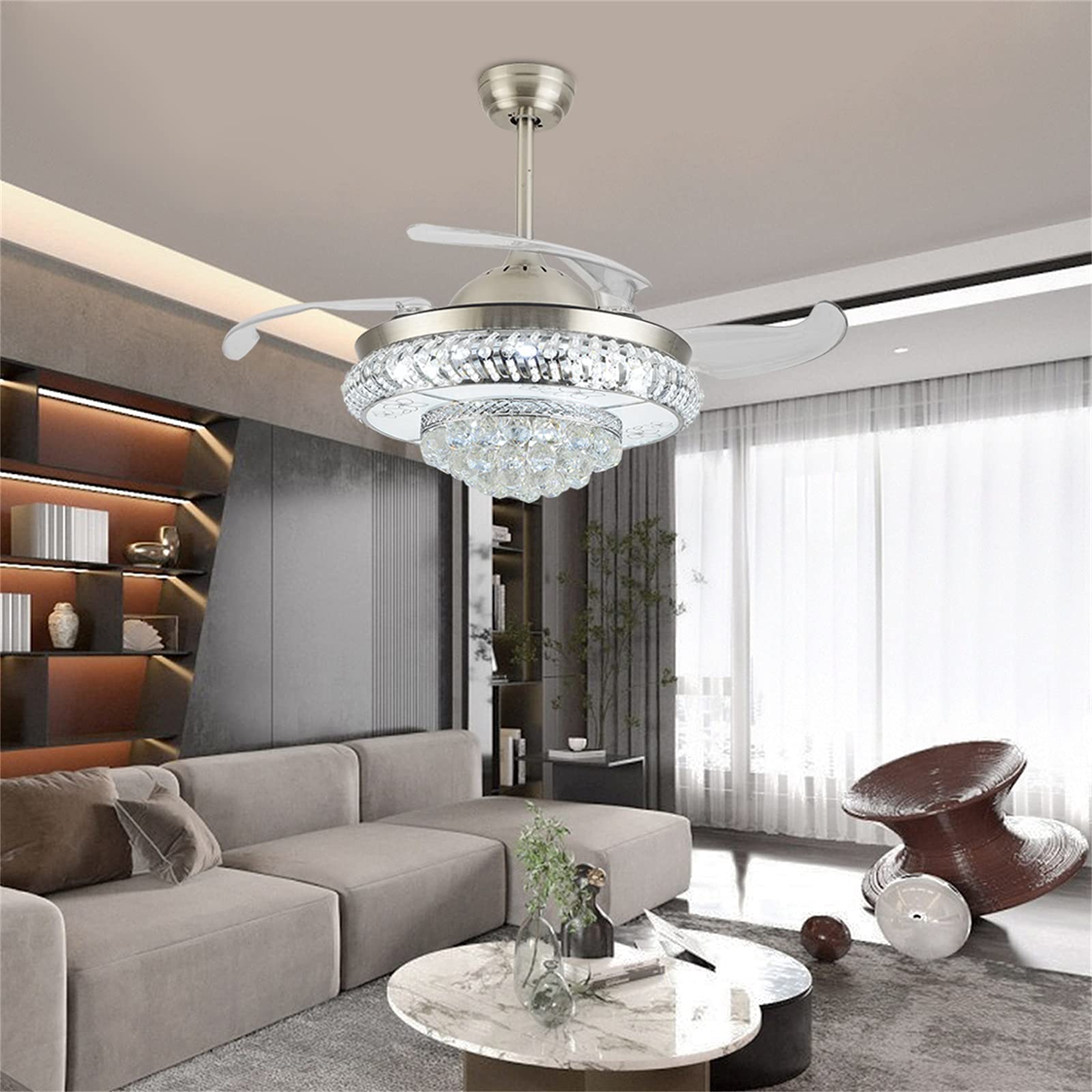 Modern Crystal LED Ceiling Fan with Light - 42 Inch Silver Fandelier with Retractable Blades, Remote Control, 3 Speed Settings & 3 Color Temperatures for Living Room, Bedroom, Dining Room & Kitchen | Energy Efficient Cooling & Stylish Lighting Solution