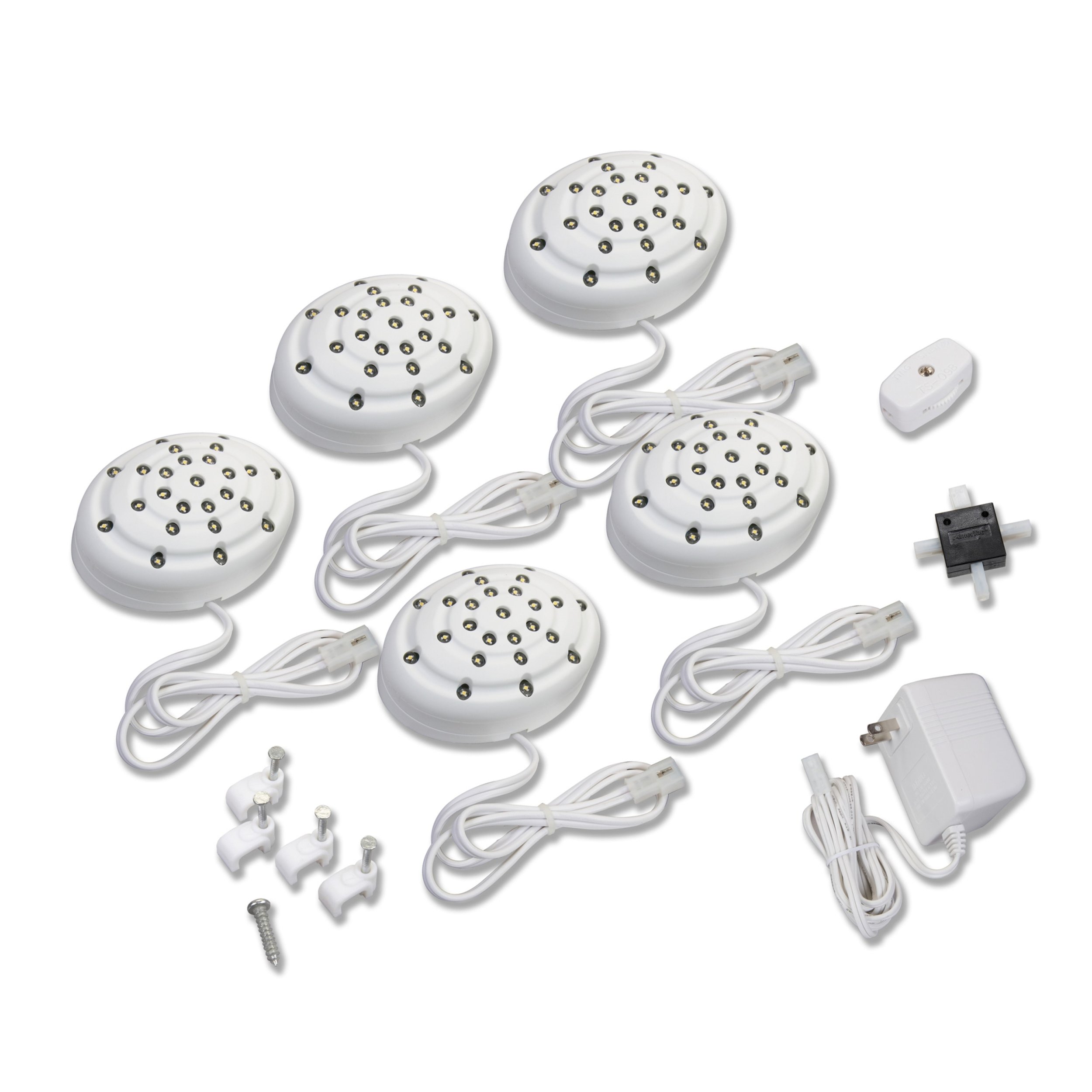 Amertac LED50HBAMP 24V White LED Puck Light Kit - 5 Pack | Under Cabinet Lighting, Shelf Accent, Staircase & Closet Illumination