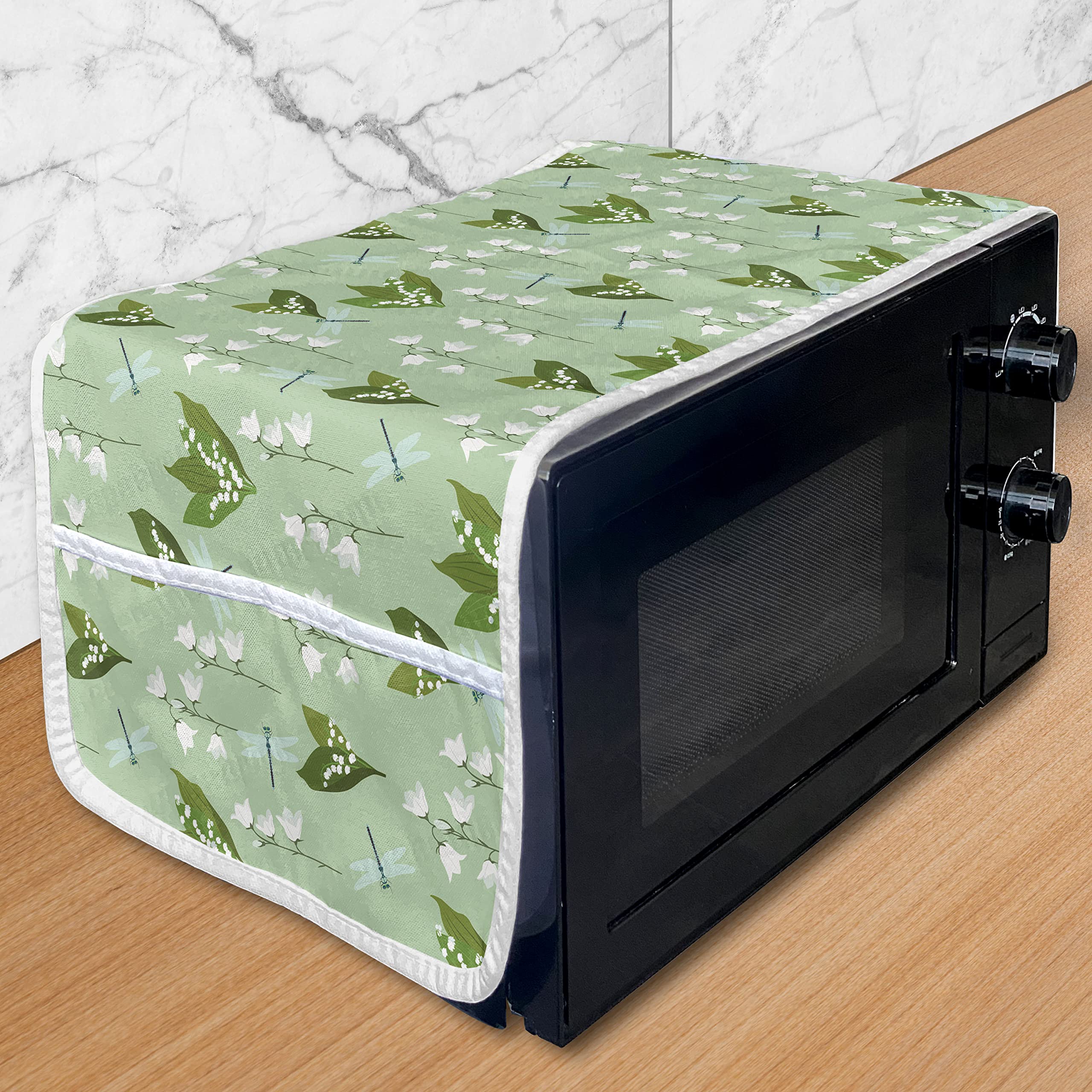 Ambesonne Floral Microwave Cover - Dragonflies & Campanula Flowers Design, Waterproof Kitchen Organizer with Pockets, 36