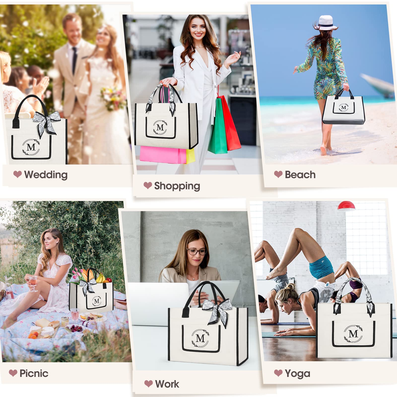 Personalized Monogrammed Canvas Tote Bag for Women - Custom Beach Bag with Initials for Wedding, Birthday, Travel & Shopping - Great Gift Idea for Her