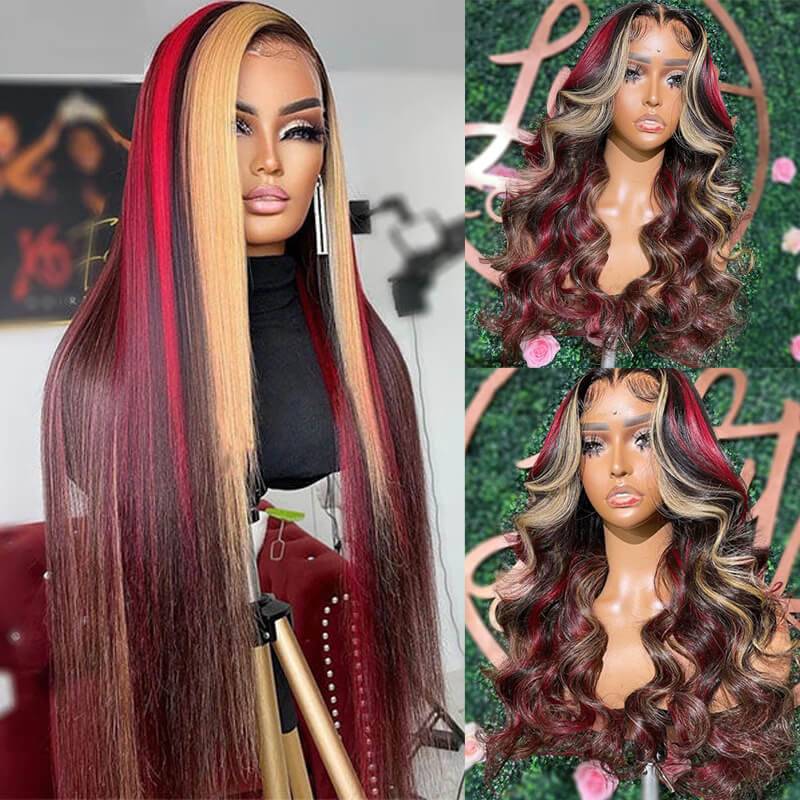 Eullair Black Red Blonde Body Wave Wig with Blue Orange Balayage Highlights - 3 Color Straight Lace Frontal Human Hair Wig for Cosplay, Halloween & Daily Fashion