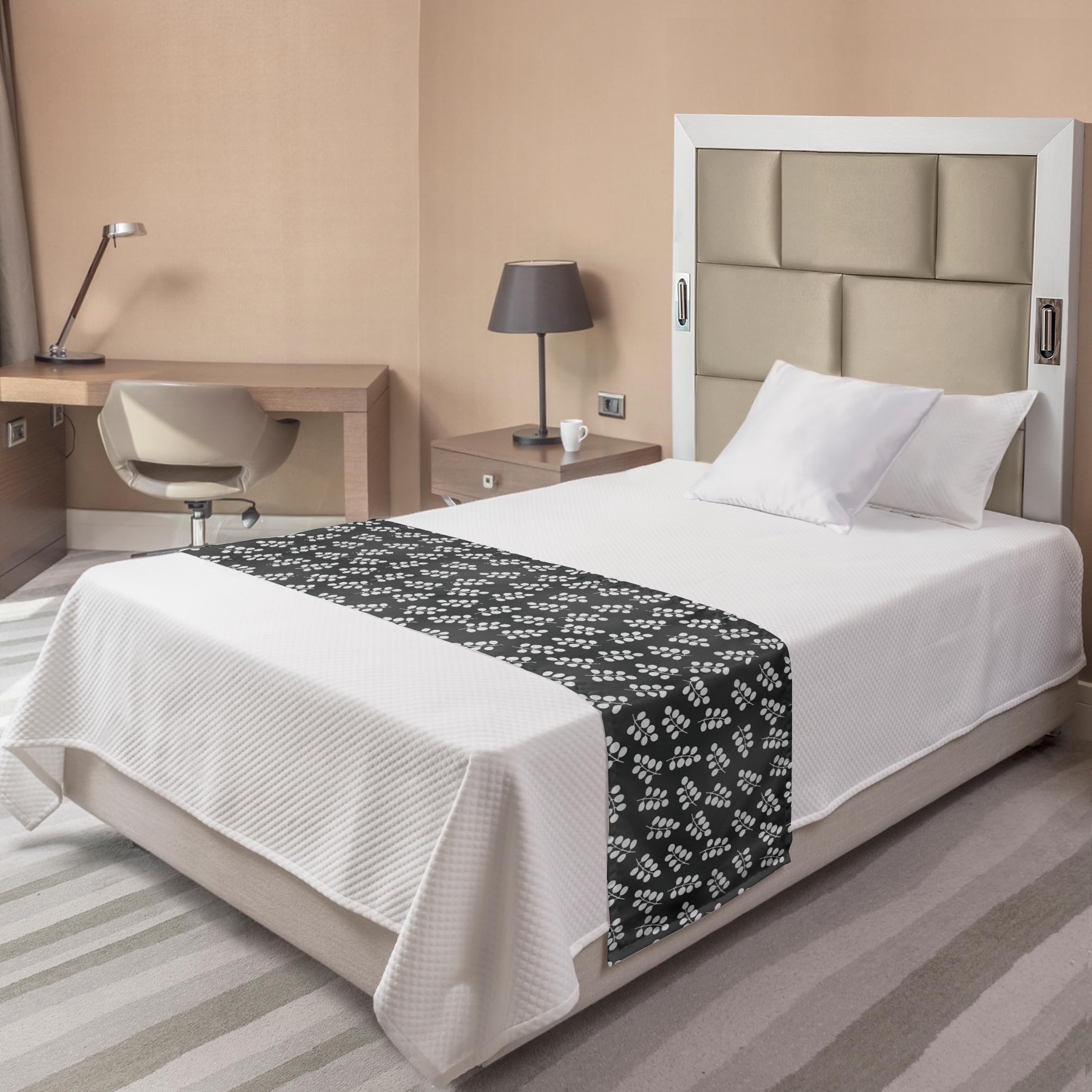 Ambesonne Grey and White Bed Runner - Modern Monochrome Abstract Leaves Design for Hotels, Homes & Guestrooms | Decorative Bed Scarf for Sofa, Couch & Bedroom Decor | Charcoal Grey & White Accent Piece