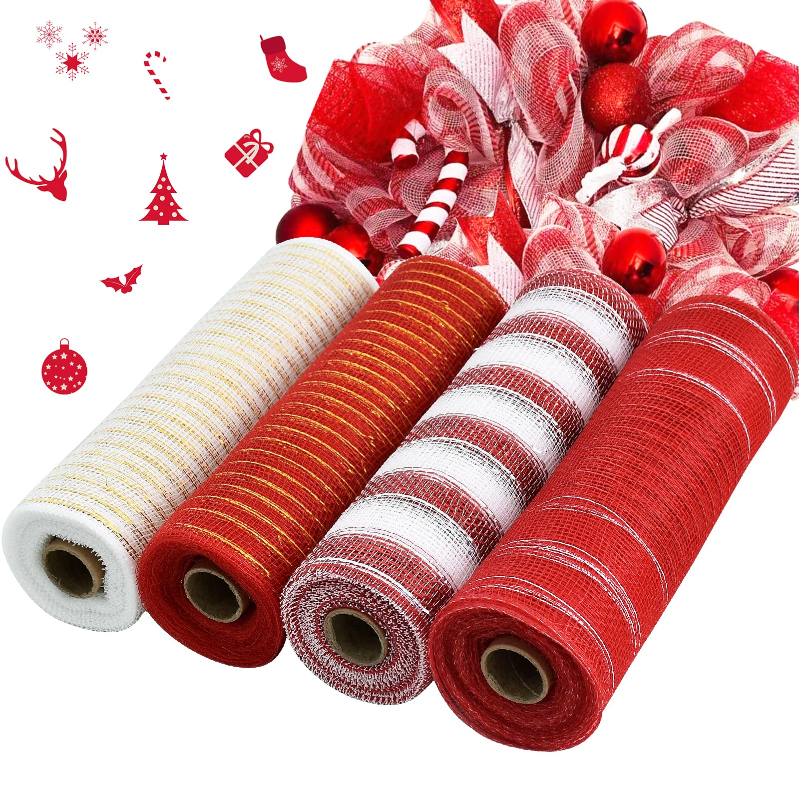 TONIFUL 4 Rolls 10 Inch Red and White Decorative Mesh Ribbon - 30ft per Roll (120ft Total) for Wreath Making, Front Door Decor, Christmas Tree, New Year, Valentine's Day, Halloween Crafts, Party & Gift Wrapping