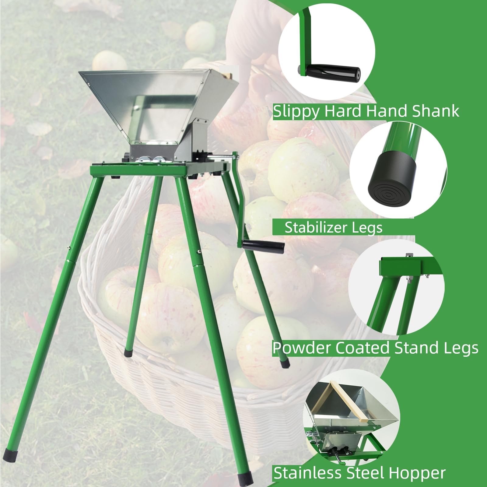 Stainless Steel 7L Manual Fruit Crusher & Apple Grinder with Stand - 1.8 Gallon Portable Fruit Scratter Pulper for Wine, Cider Pressing - Perfect for Home Brewing, Juice Making & DIY Wine Production (Green)