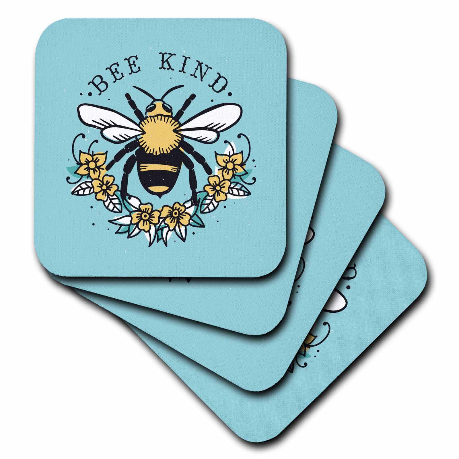 3D Rose Cassie Peters Bees - Bee Kind Honey Bee on Blue - Set of 4 Coasters for Drinks, Home Decor, Kitchen & Office Use - Cute Bee-Themed Coasters (CST_358709_4)