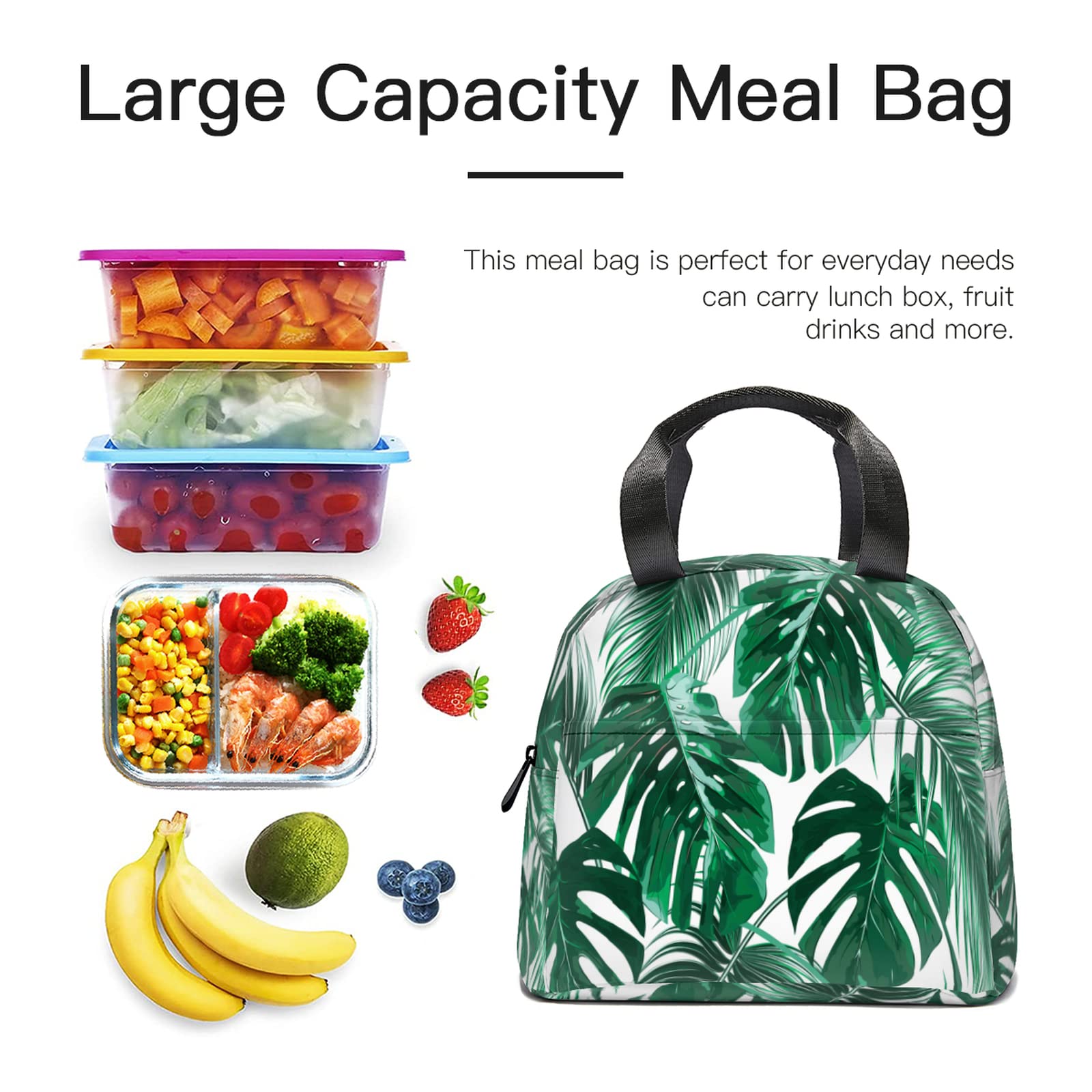 Eco-Friendly Palm Leaf Print Insulated Lunch Tote Bag - Reusable Thermal Lunch Box with Front Pocket for Women & Men | Perfect for School, Office, Picnic & Beach Outings