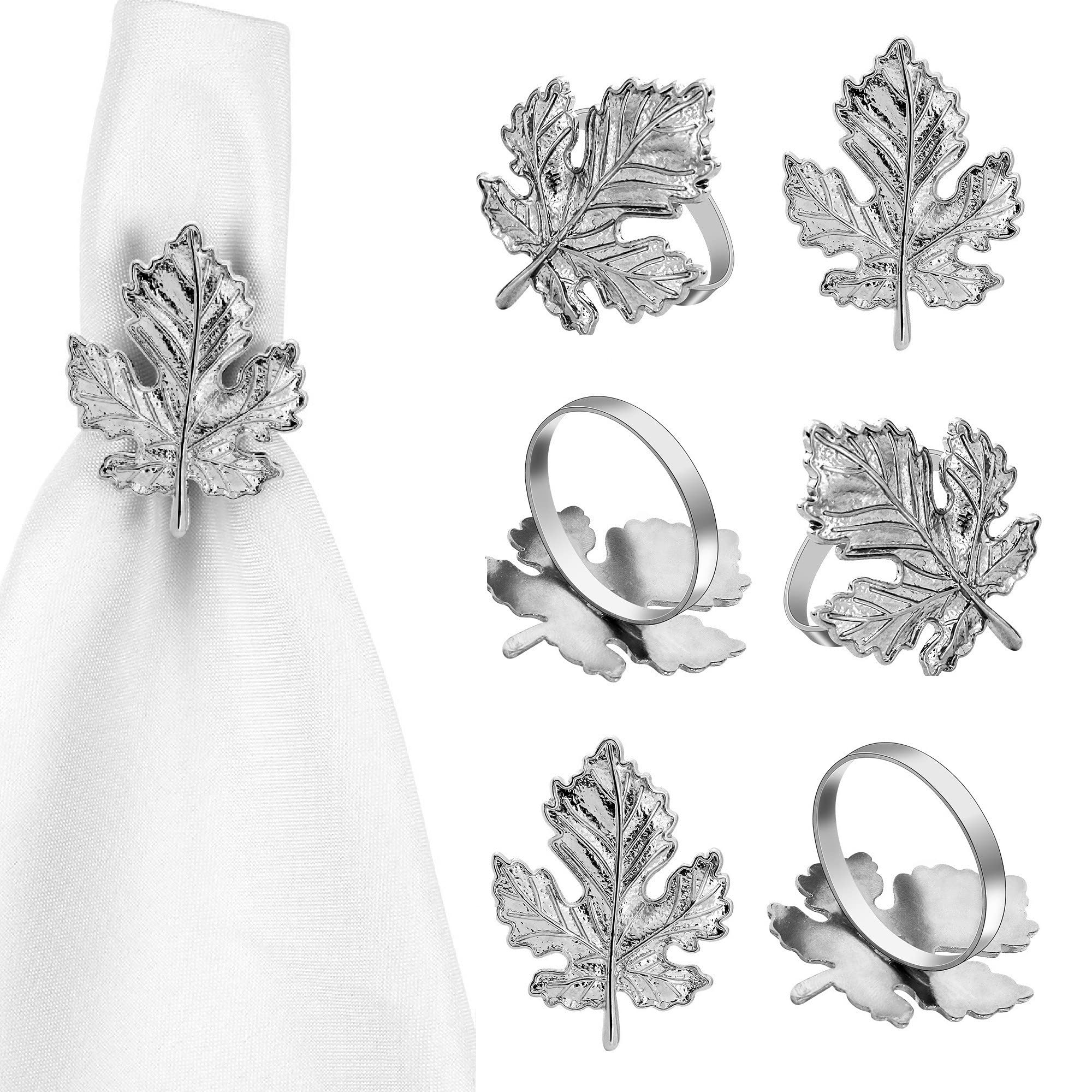Vintage Leaf Napkin Rings for Fall Thanksgiving Halloween Autumn - Silver Set of 2 - Perfect for Wedding, Birthday, Banquet & Holiday Table Decorations