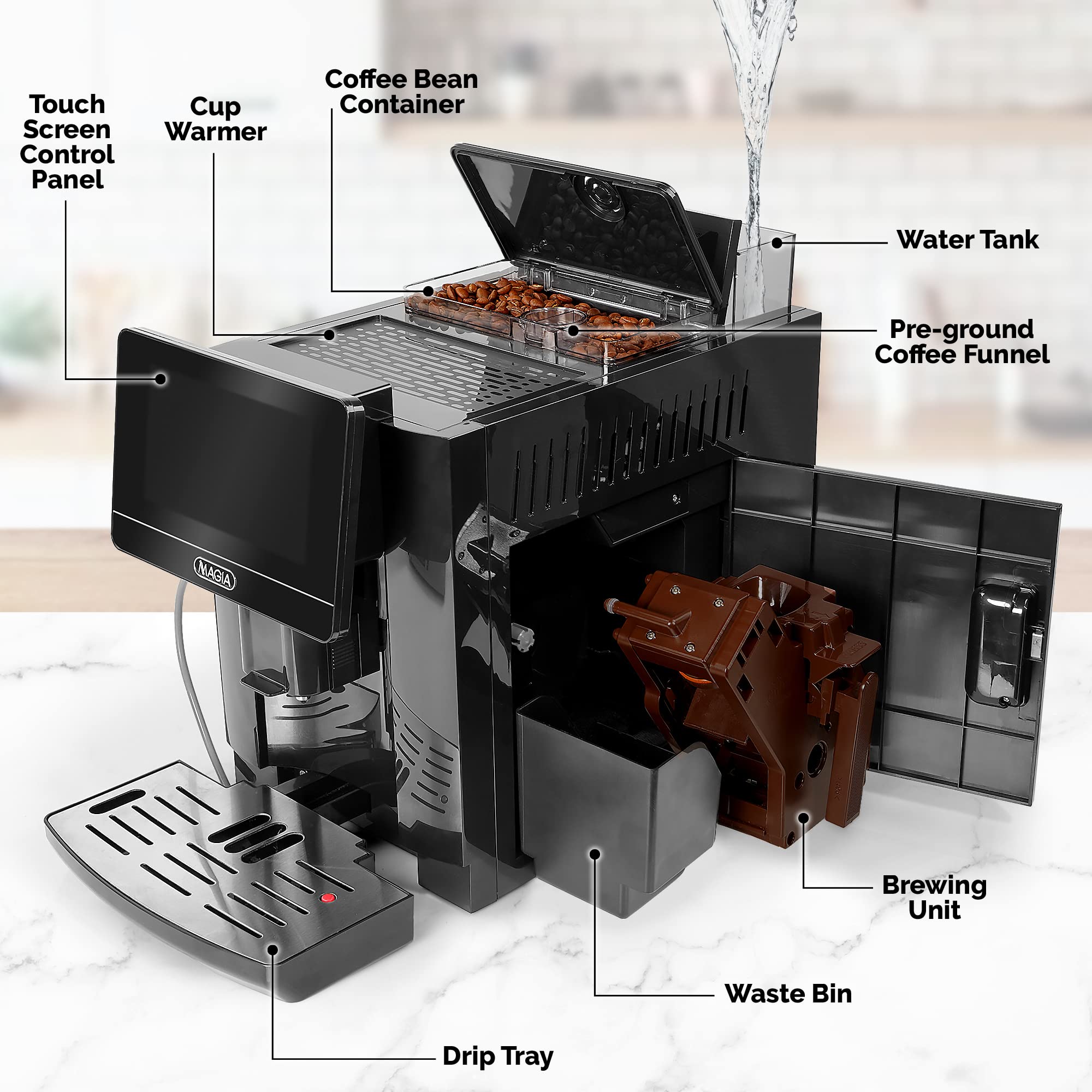 Zulay Magia Fully Automatic Espresso Machine with Built-in Grinder - 19 Customizable Coffee Options for Espresso, Latte & Cappuccino - Auto-Cleaning & Milk Frother System - Perfect for Home Baristas & Coffee Shops (Black)