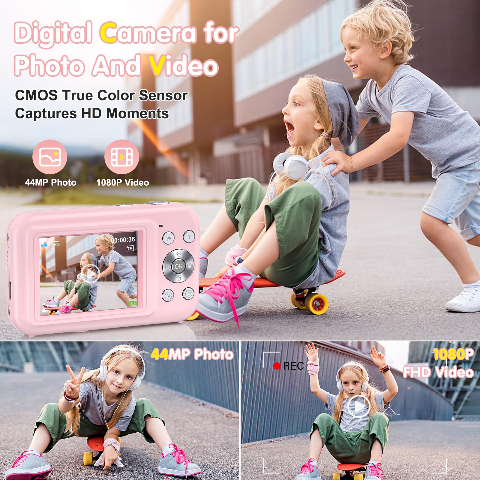 44MP Kids Digital Camera with 1080P FHD Video, 16X Zoom & Anti-Shake - 32GB Memory Card Included | Perfect Gift for Teens, Boys & Girls | Compact Point and Shoot Camera with Fill Flash (Pink) | Great for Birthday Gifts, Travel Photography & First-Time Photographers