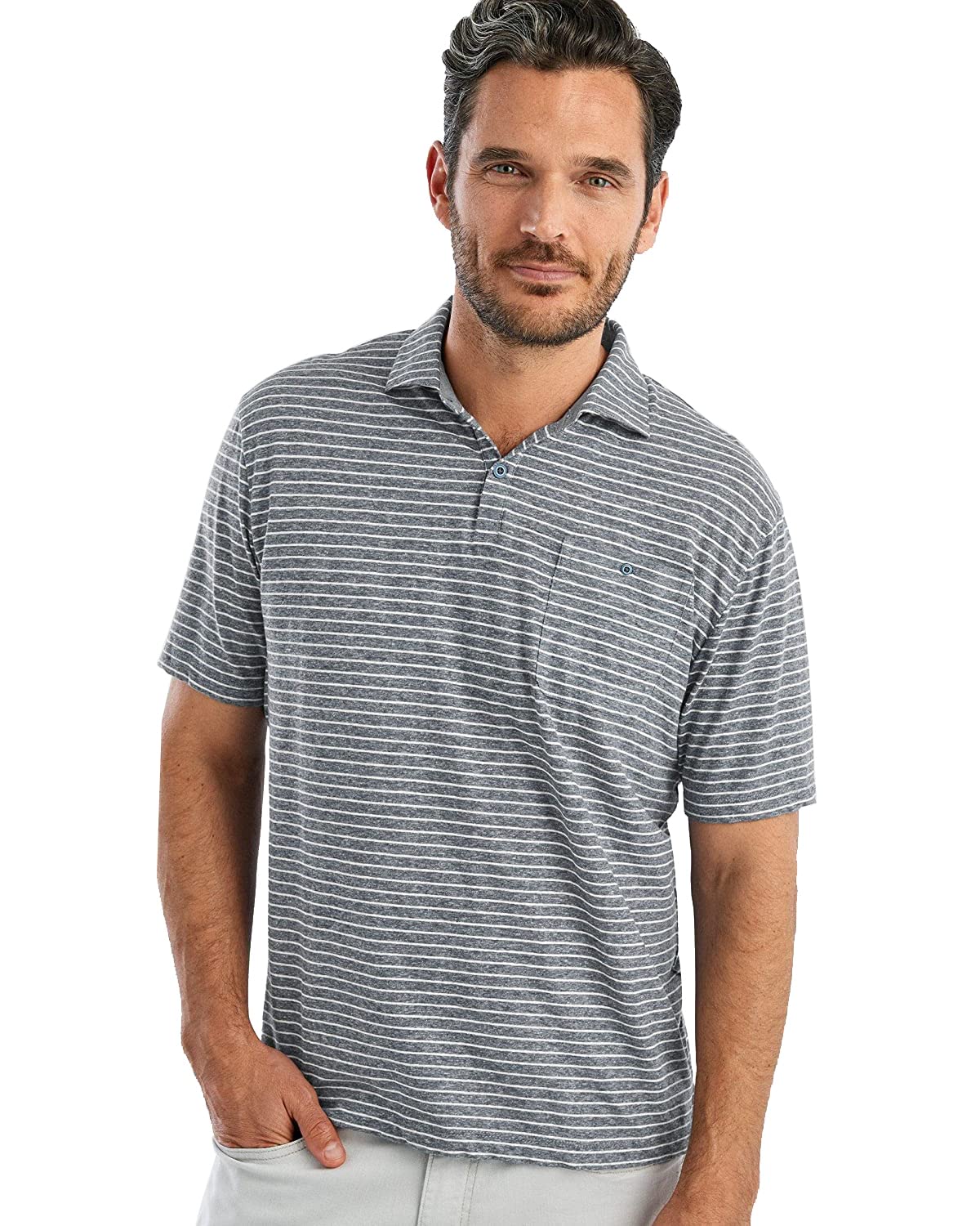 Johnnie-O Brewster Linen Blend Striped Polo Shirt for Men | Breathable Summer Casual Wear | Perfect for Golf, Beach & Outdoor Activities