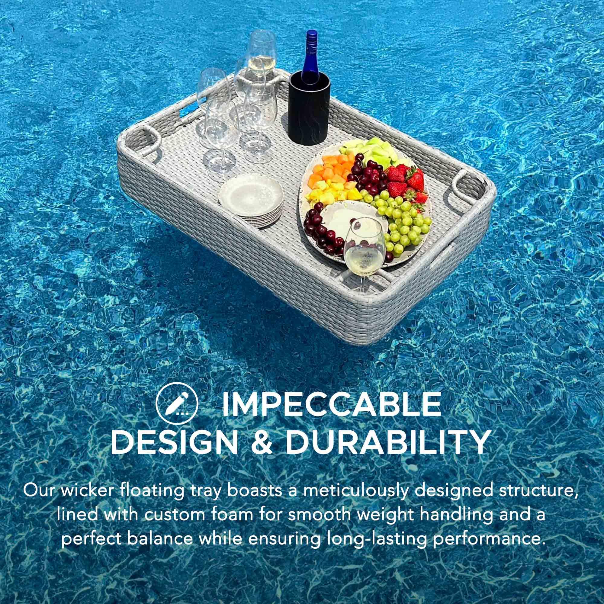 Sunjoy 36x24 Inch Wicker Floating Pool Tray with Aluminum Frame - Waterproof Floating Serving Tray for Drinks, Snacks & Essentials - Fits Most Swimming Pools - Perfect for Pool Parties, Relaxation & Summer Fun - Grey