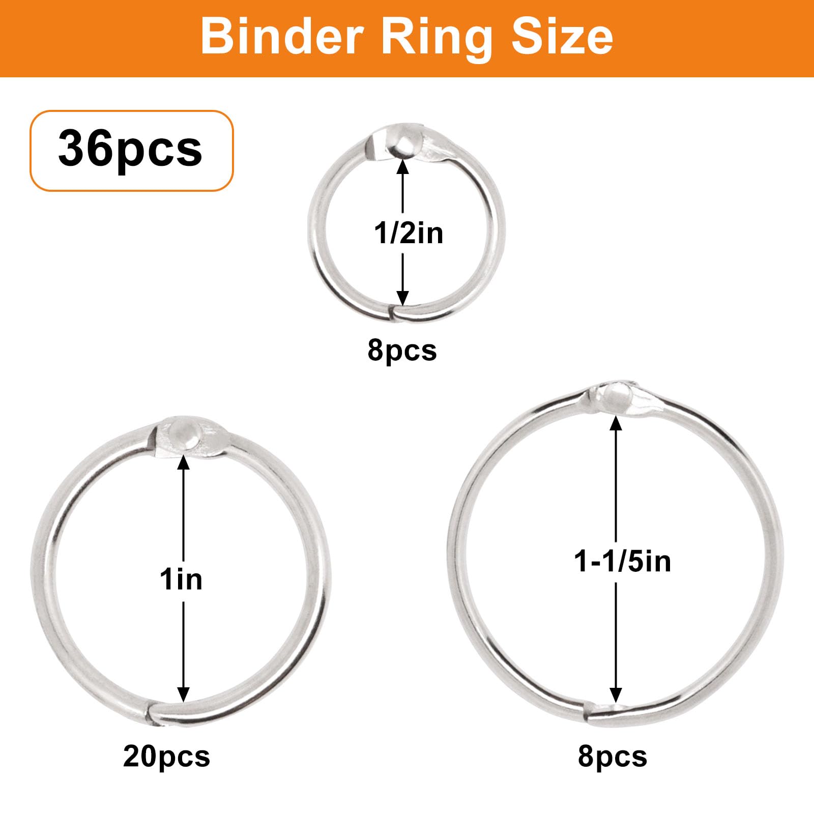 Small Binder Rings Assorted Sizes (0.5, 1, 1.2 Inch) - 36pc Metal Book Rings for Index Cards, Flash Cards & Loose Leaf Paper - Durable Ring Clips for School, Office & Craft Organization