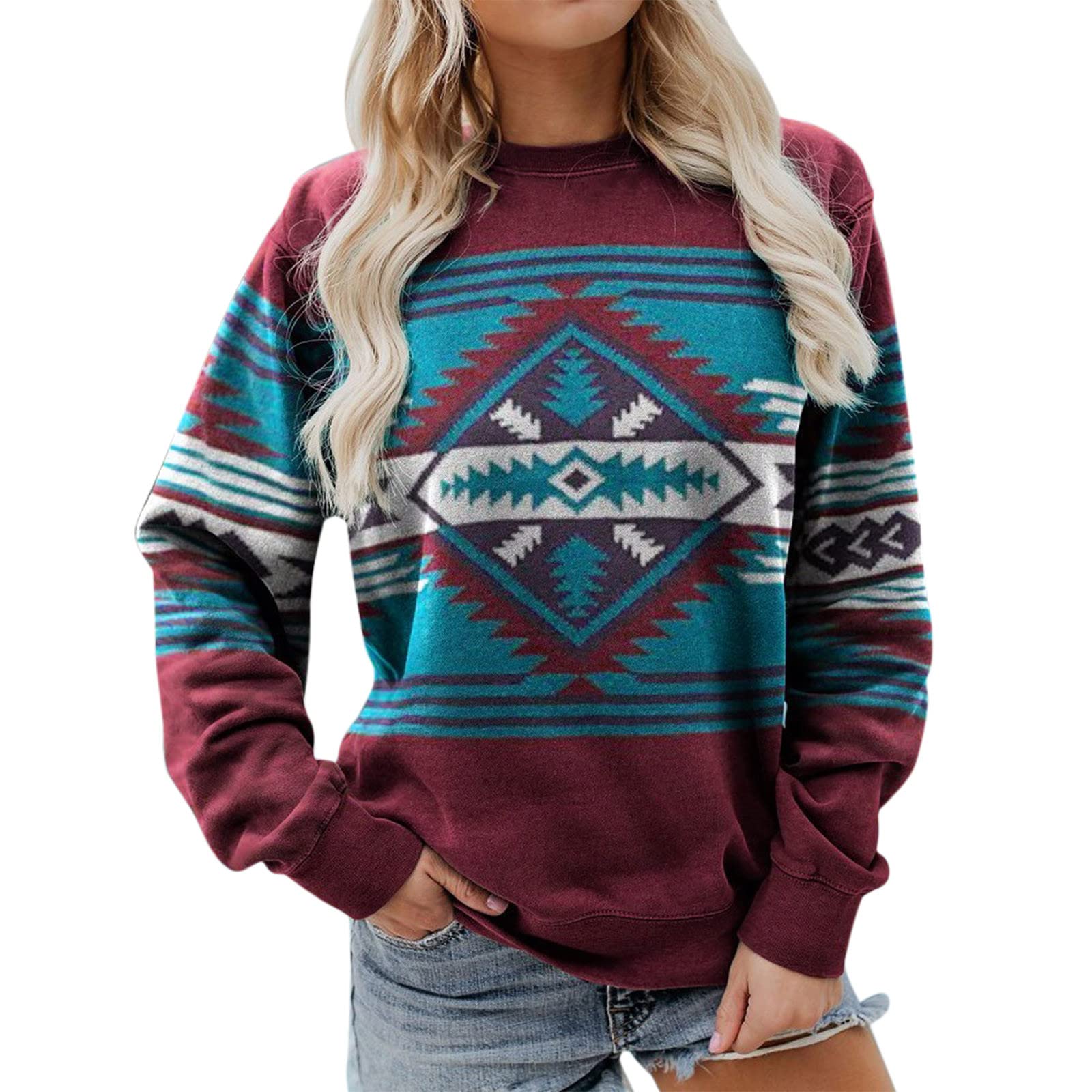 Women's Loose Casual Blouse - Western Style Round Neck Long Sleeve Shirt with Digital Print - Perfect for Office Wear, Date Night & Everyday Outfits