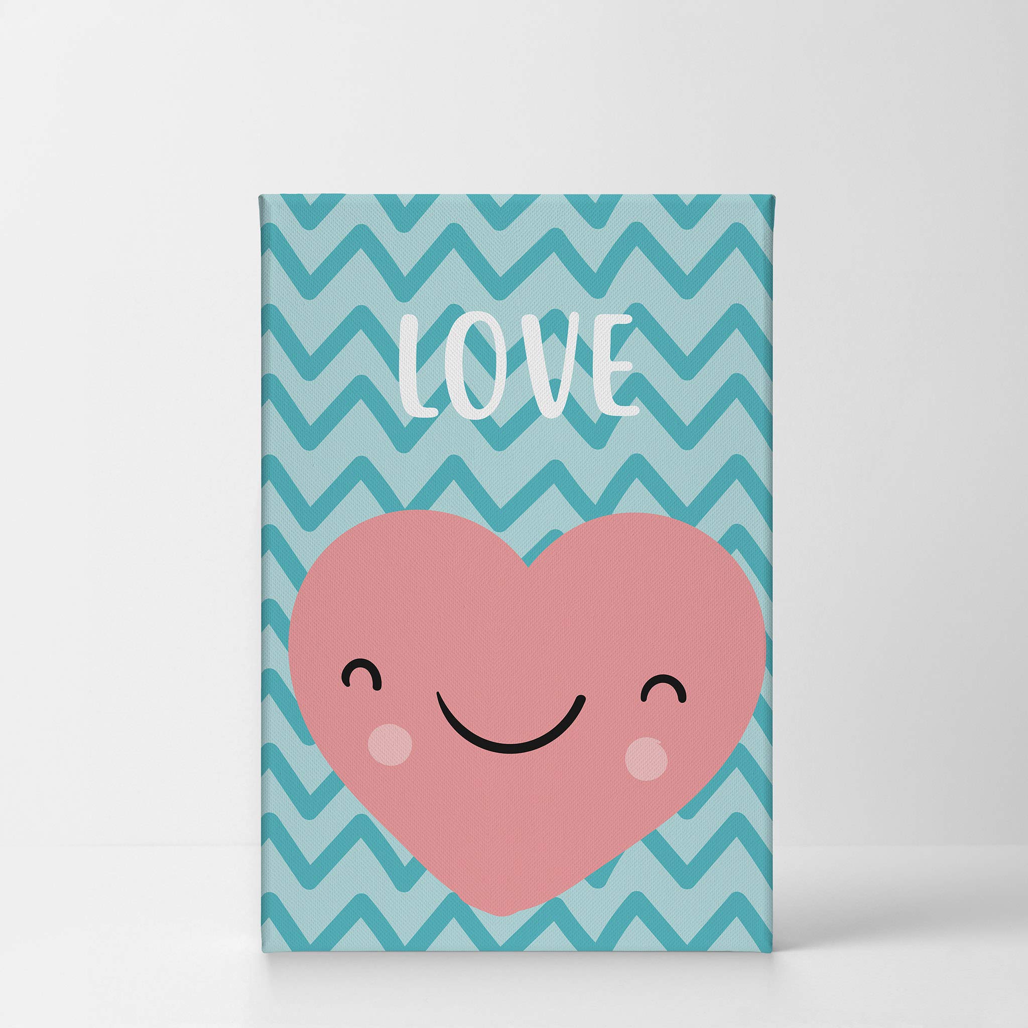 Smile Art Design Lovely Heart Love Lettering Blue Background Canvas Print - Nursery Wall Art for Baby & Kids Room Decor - Ready to Hang 22x15 Inches - Made in USA - Perfect for Bedroom, Playroom & Gift Giving