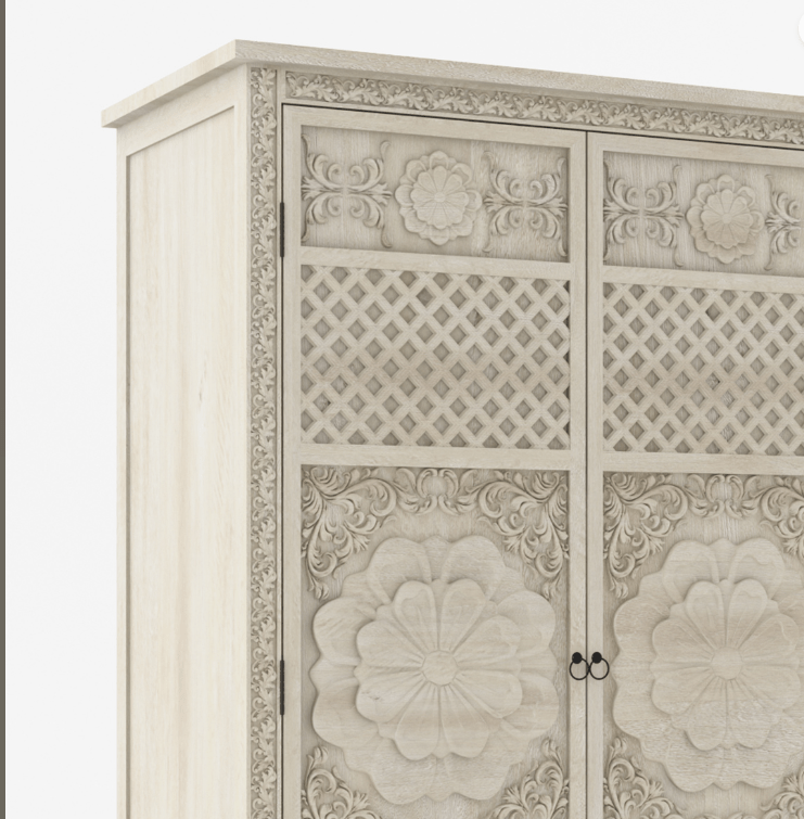 Hand Carved White Three Door Sunflower Design Armoire - Solid Wood Wardrobe for Bedroom Storage & Organization - Perfect for Master Bedroom, Guest Room & Closet Organization