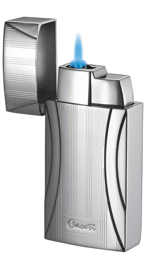 Caseti Naxos Single Flame Butane Torch Lighter - Chrome Lines Design for Cigars, Cooking & DIY Projects | Windproof & Refillable