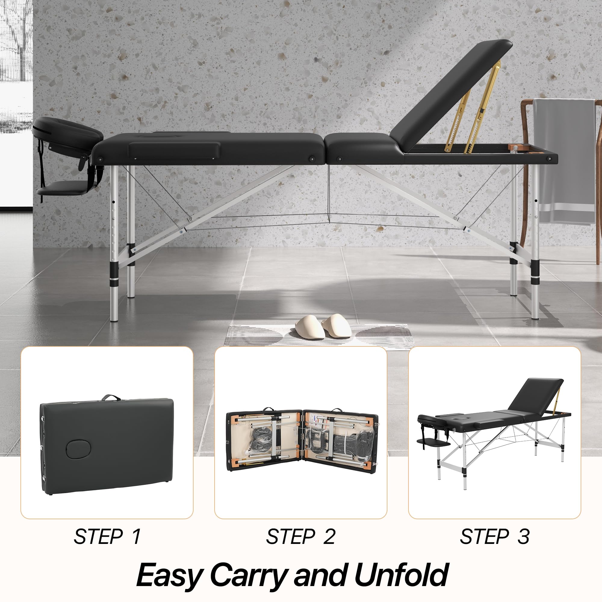 Portable 3-Section Foldable Massage Table - Adjustable Height Tattoo & Lash Spa Bed with Face Cradle | Lightweight Aluminum Frame Salon Bed for Home & Professional Use | Perfect for Massage Therapists, Tattoo Artists & Beauty Salons