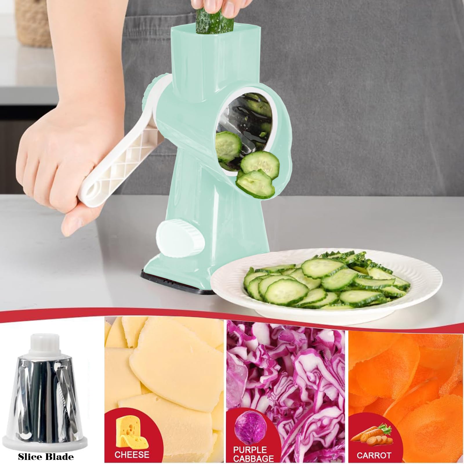 Stainless Steel Rotary Cheese Grater with Handle - Multi-Purpose Kitchen Tool for Effortless Grating Cheese, Vegetables & Fruits | Perfect for Pizza, Salads & Meal Prep (Green)
