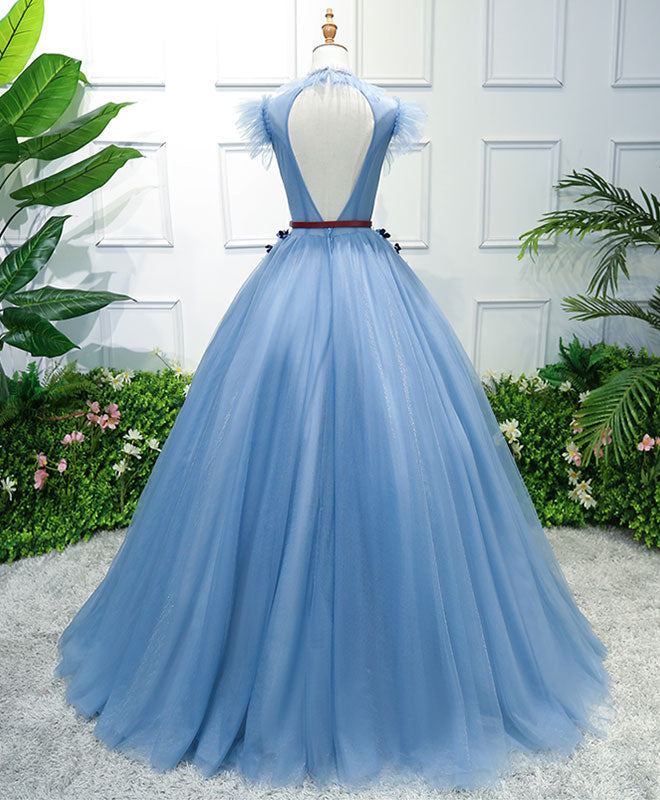 Elegant Blue High Neck Tulle Long Prom Dress | Formal Evening Gown for Women | Perfect for Homecoming, Wedding, and Special Occasions