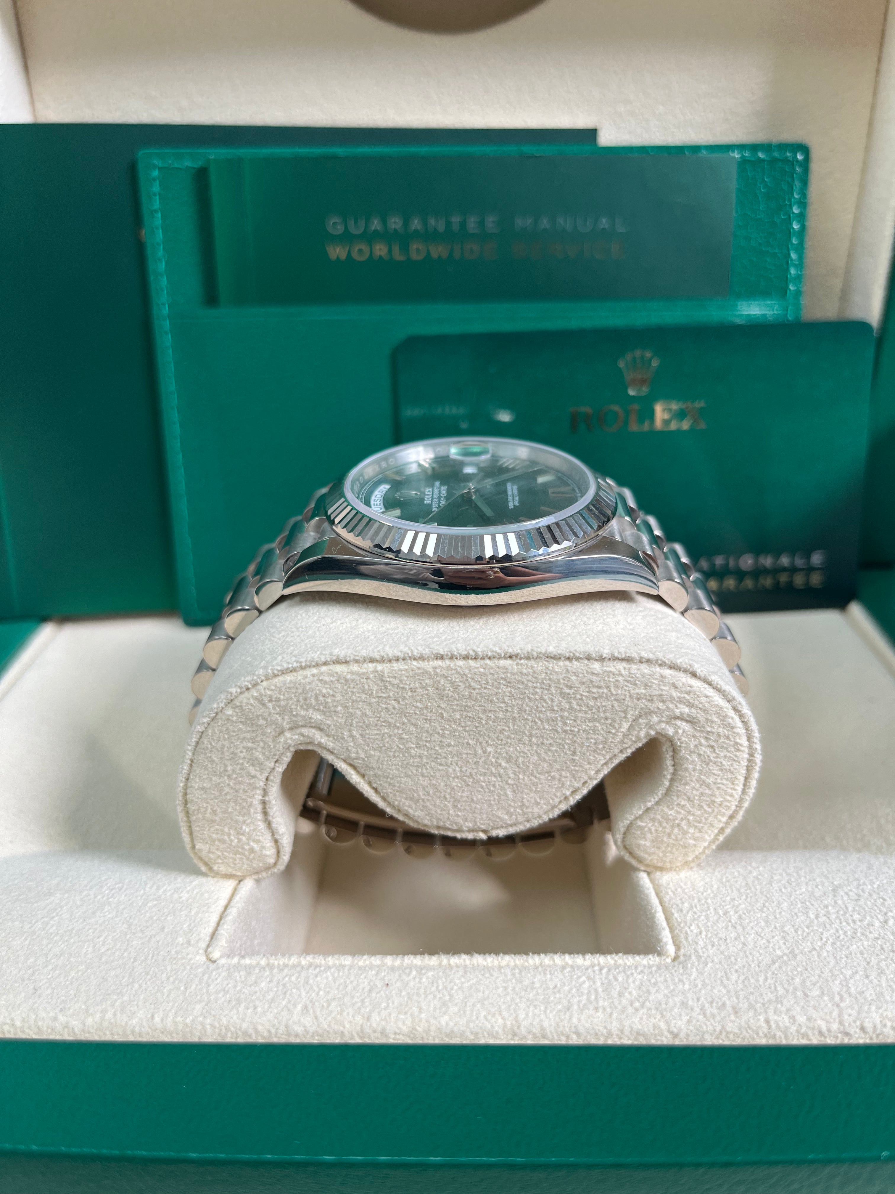 Rolex Day Date 40 White Gold Watch with Fluted Bezel & Olive Green Roman Dial - President Bracelet (Ref# 228239) | Luxury Dress Watch for Business & Formal Occasions