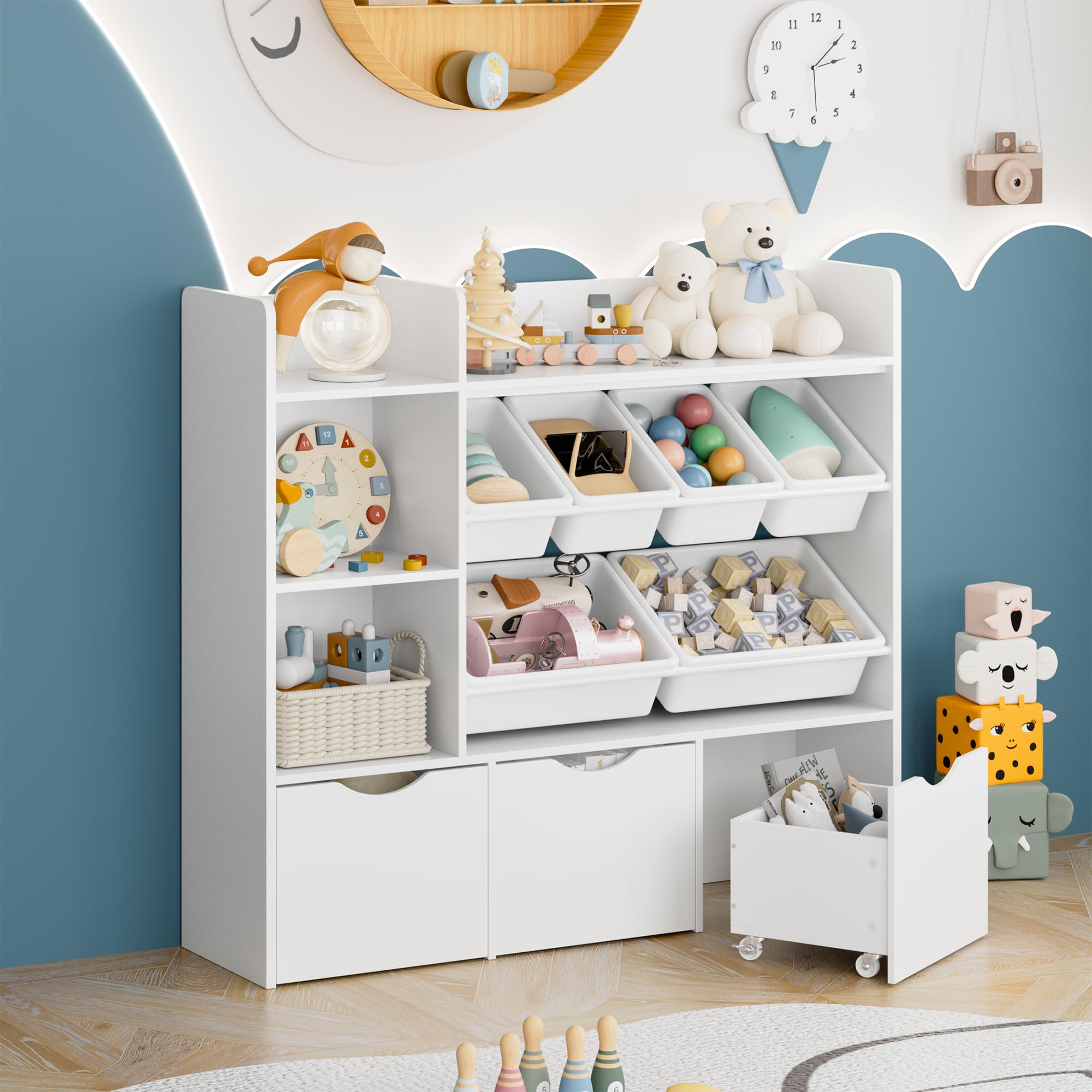 3-Tier Kids Toy Storage Organizer with 6 Plastic Bins & 2 Cubbies - Movable Drawers, Bookshelf & Hidden Wheels - White Toy Chest for Playroom, Classroom & Home Organization